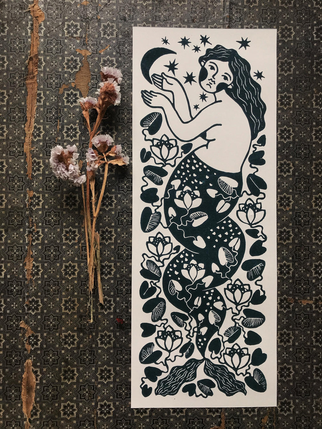 Hand-carved relief print “Mermaid and Moon”