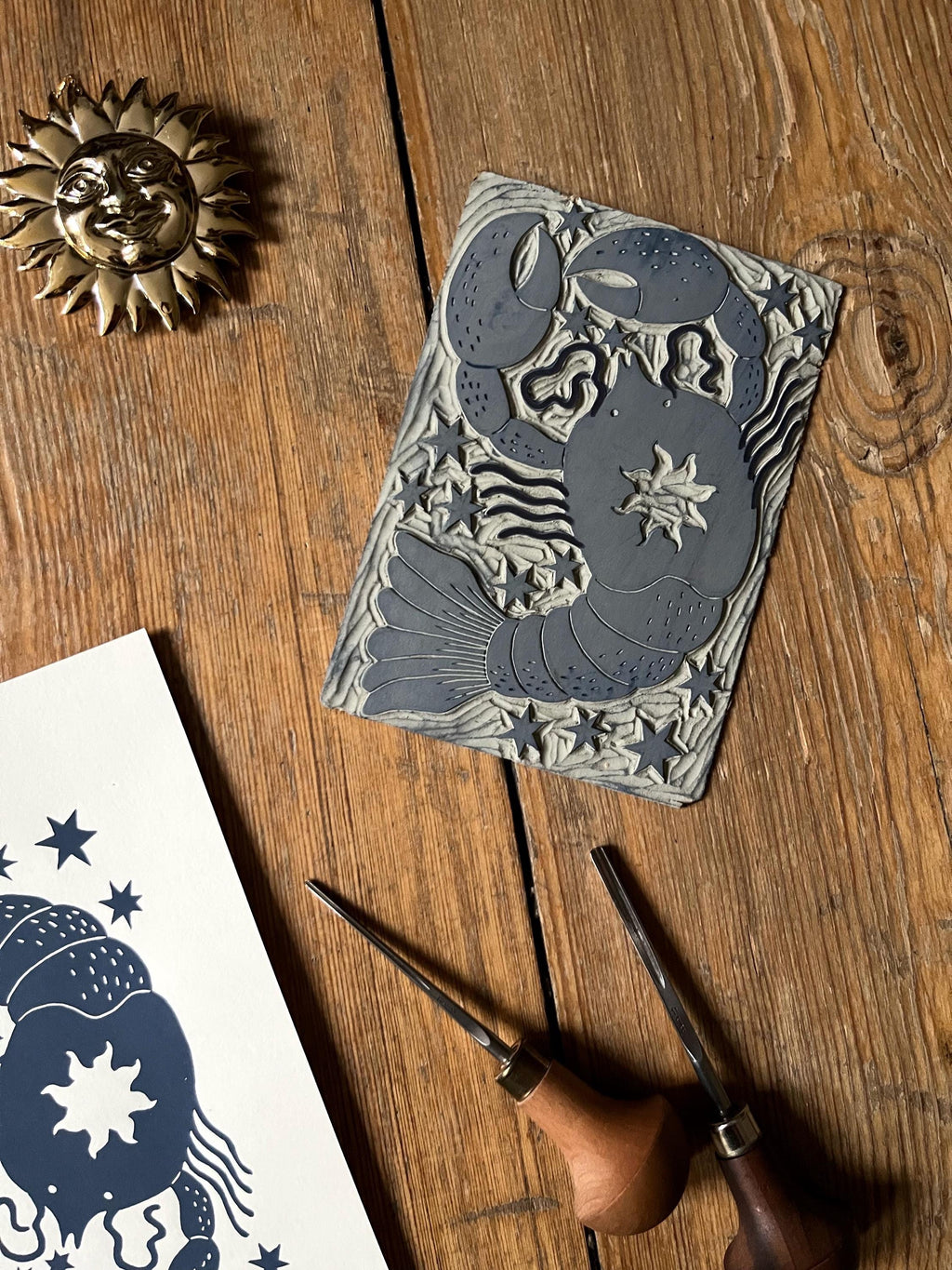 Hand carved original linocut print “Zodiac Sign. Cancer”