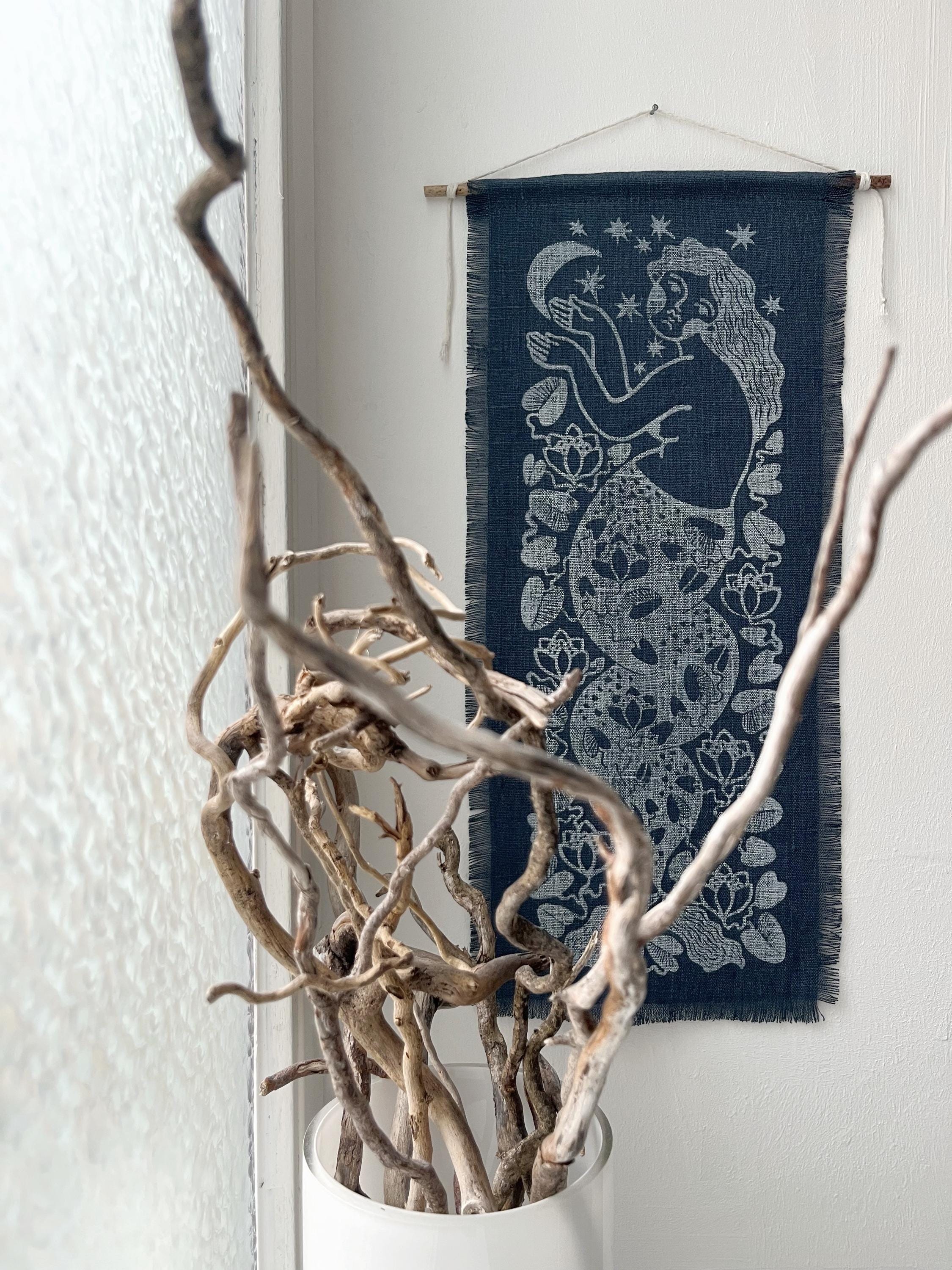 Mermaid and Moon, hand-printed tapestry, vintage linen and linocut print