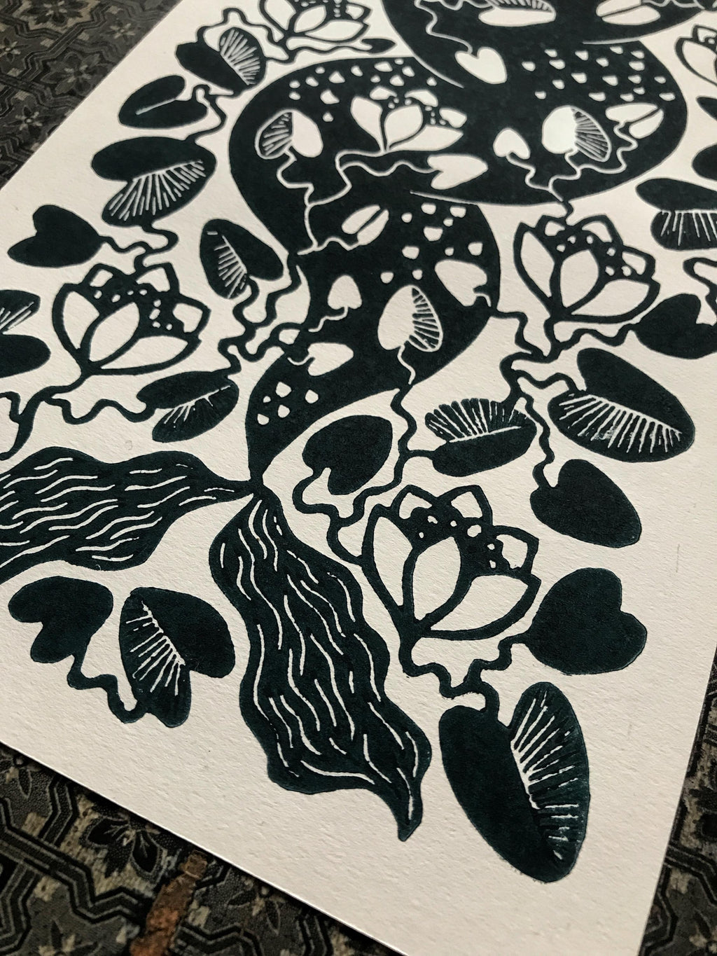 Hand-carved relief print “Mermaid and Moon”