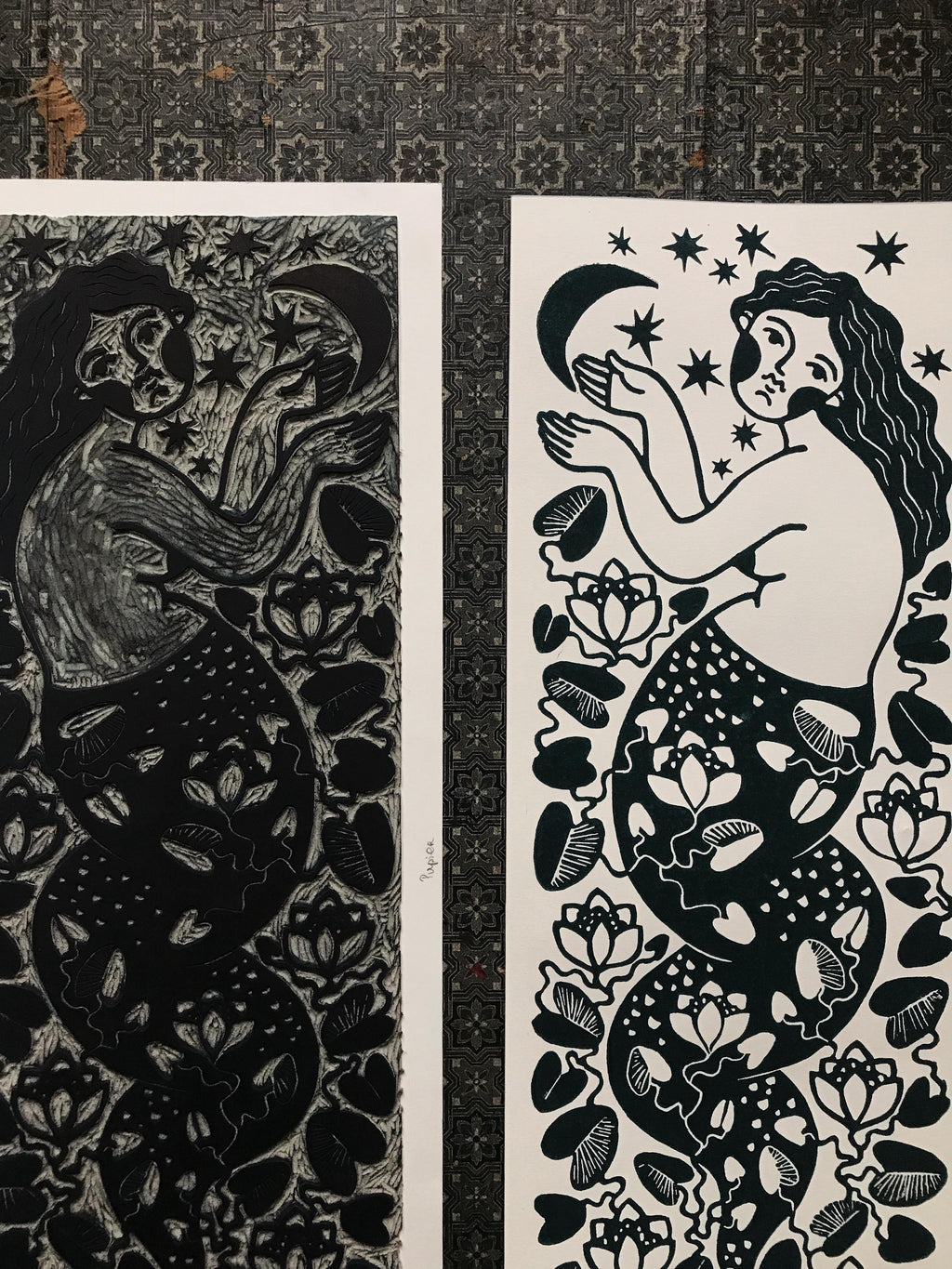 Hand-carved relief print “Mermaid and Moon”