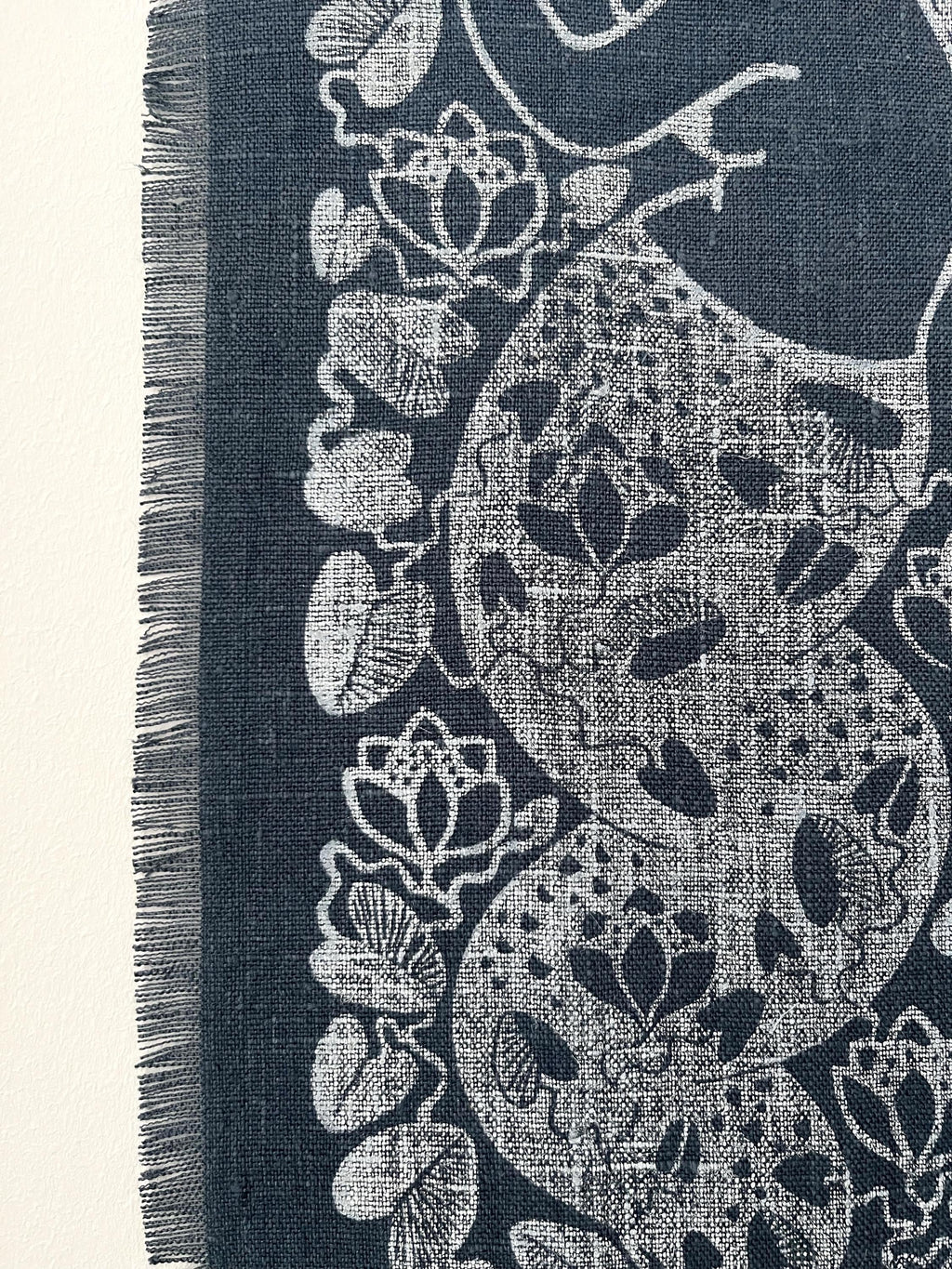 Mermaid and Moon, hand-printed tapestry, vintage linen and linocut print
