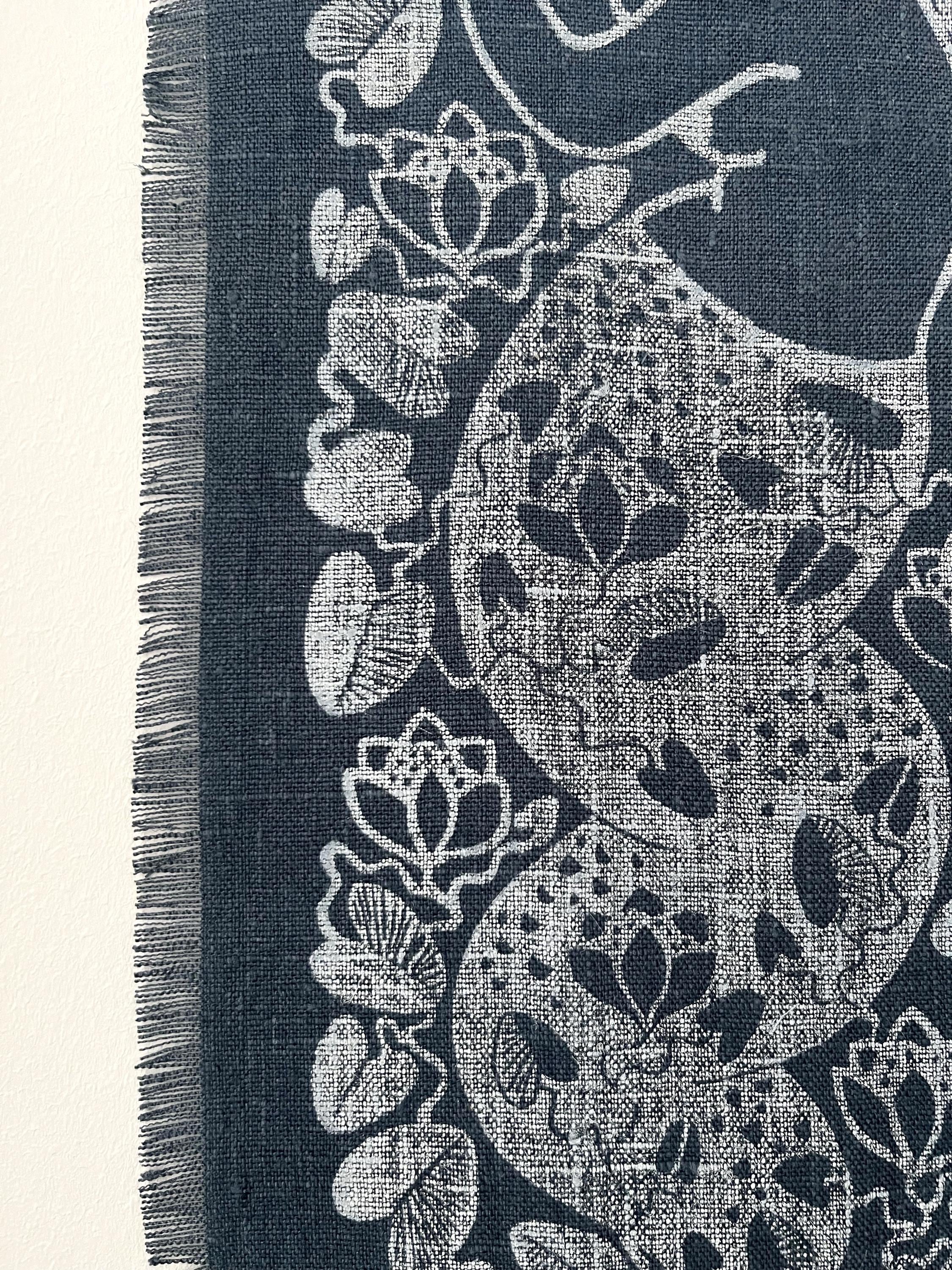 Mermaid and Moon, hand-printed tapestry, vintage linen and linocut print