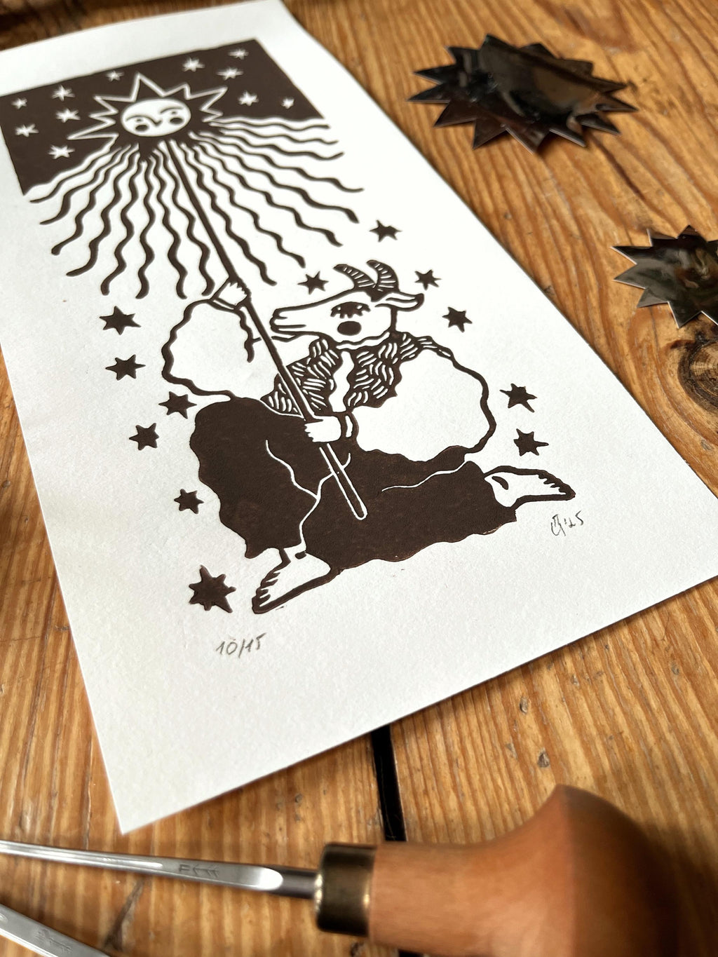 Original linocut print “Goat Dance”