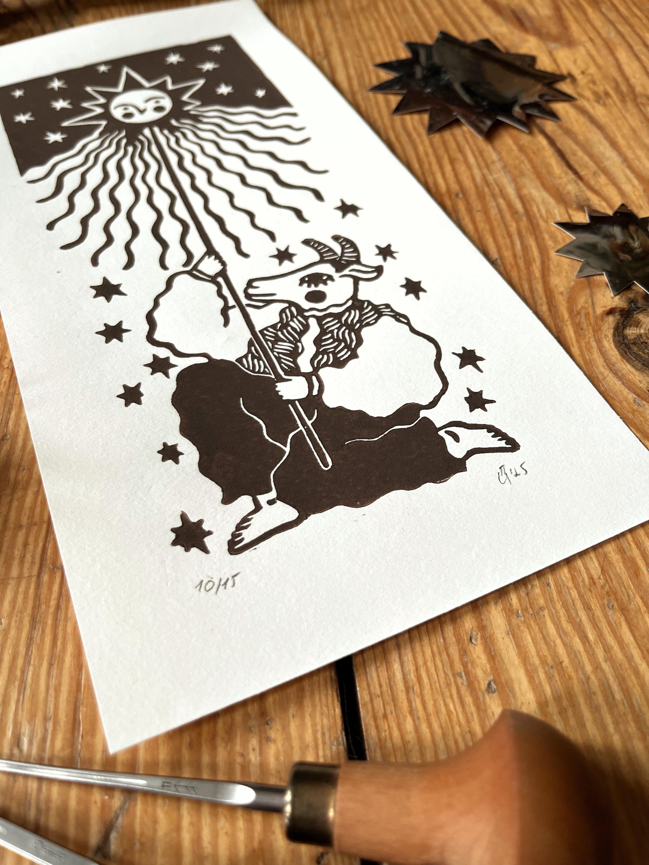 Original linocut print “Goat Dance”