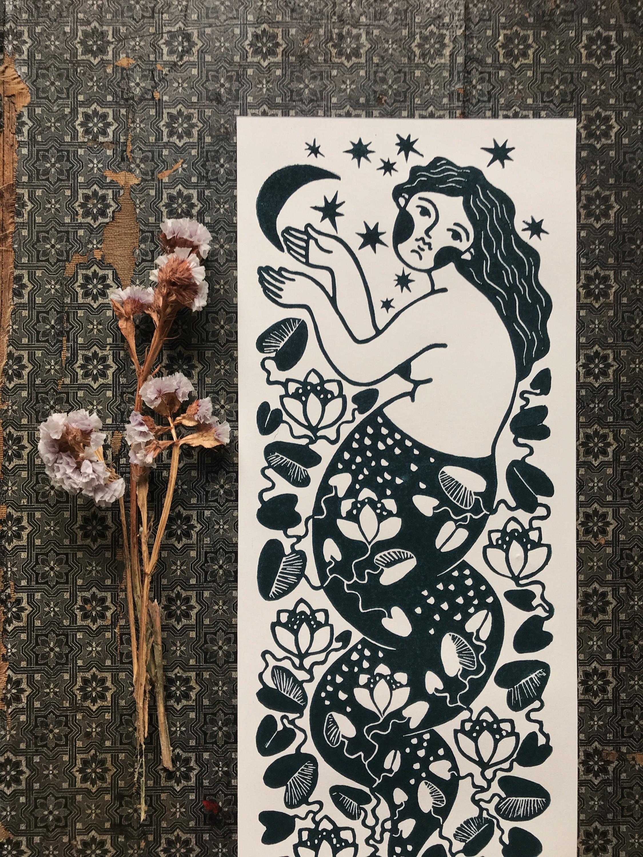 Hand-carved relief print “Mermaid and Moon”