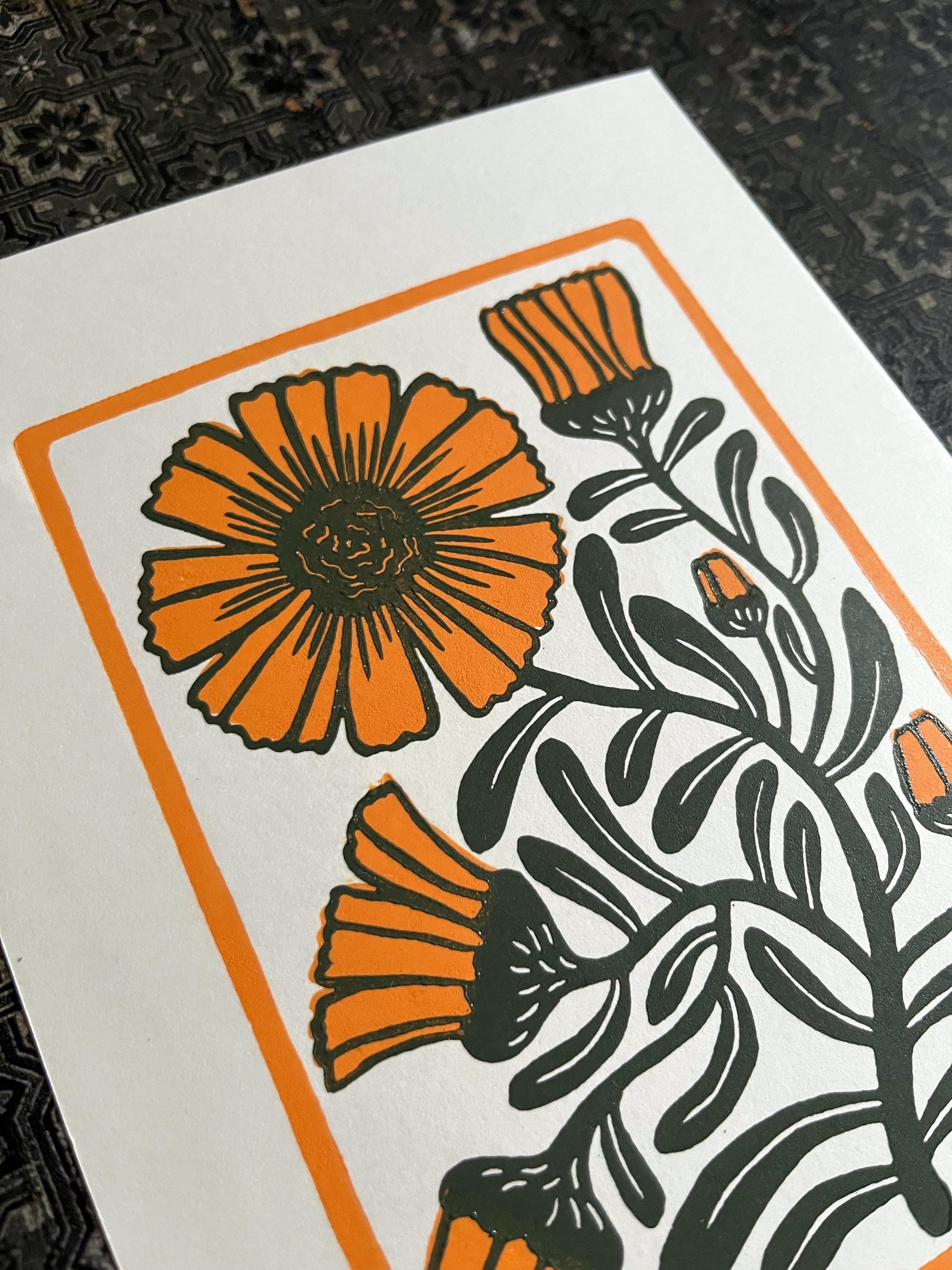 Limited edition hand-carved two-colour linocut print “Calendula Flower“ + Seeds
