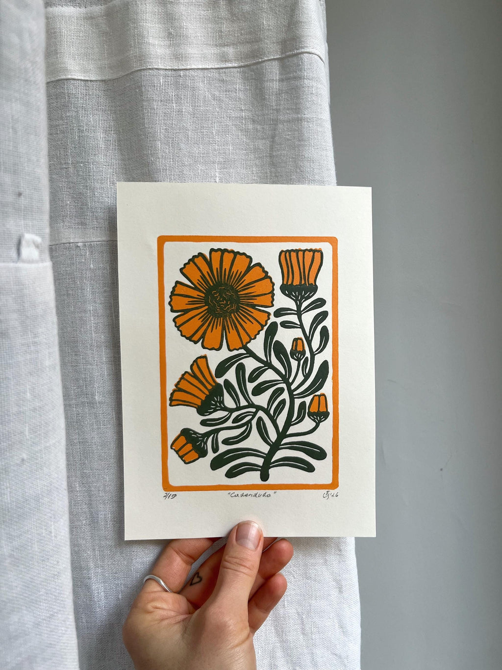 Limited edition hand-carved two-colour linocut print “Calendula Flower“ + Seeds