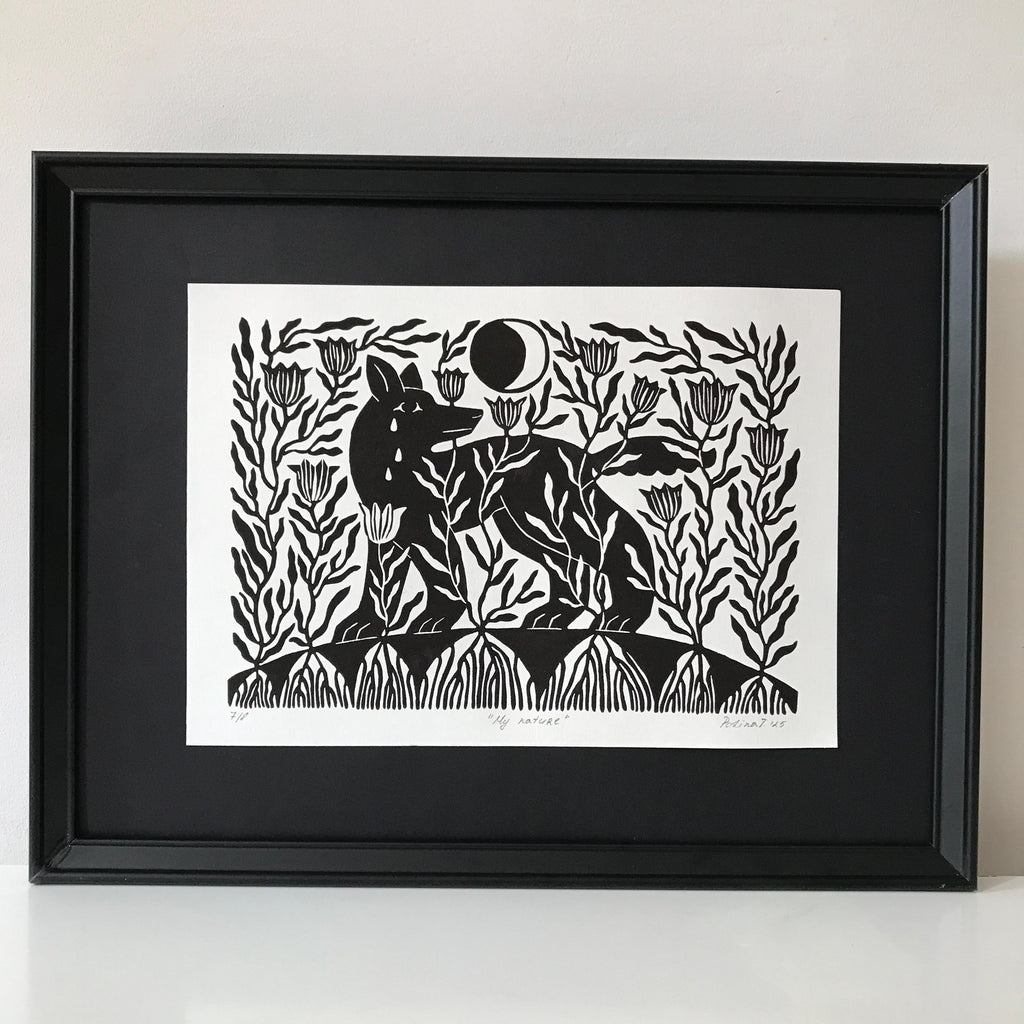 Original Linocut Print “Wolf and Moon”