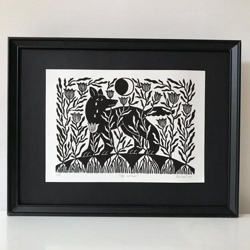 Original Linocut Print “Wolf and Moon”