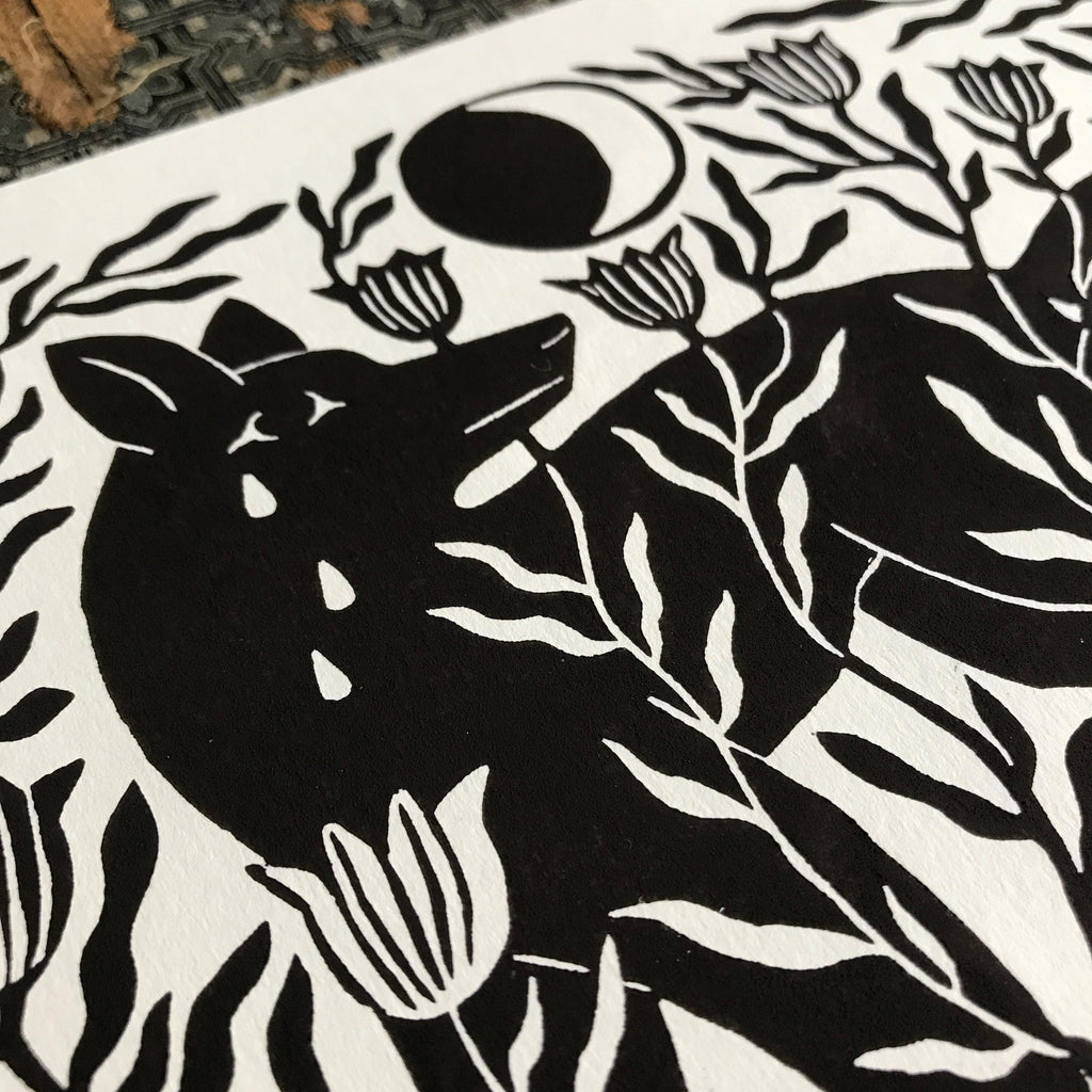 Original Linocut Print “Wolf and Moon”
