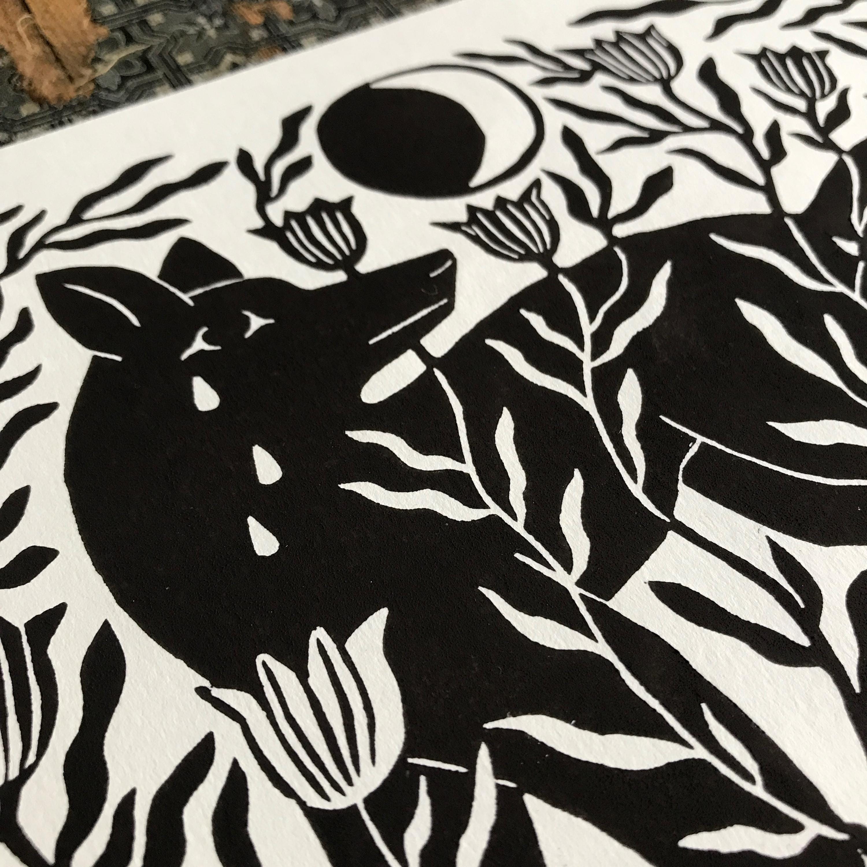 Original Linocut Print “Wolf and Moon”