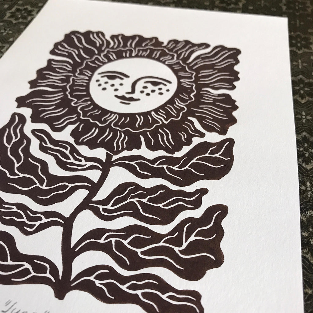 Hand-curved relief print "Friendly flower"