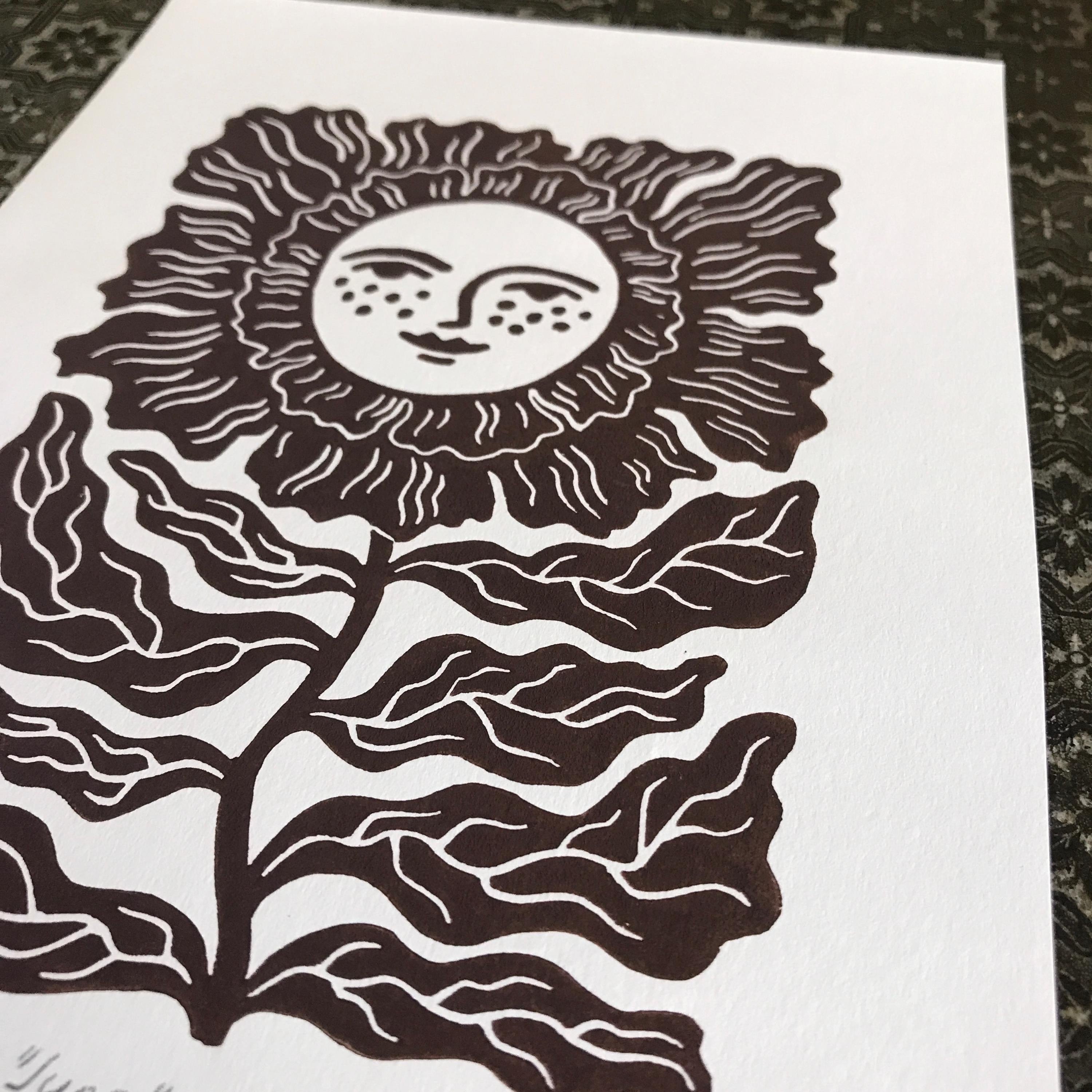 Hand-curved relief print "Friendly flower"