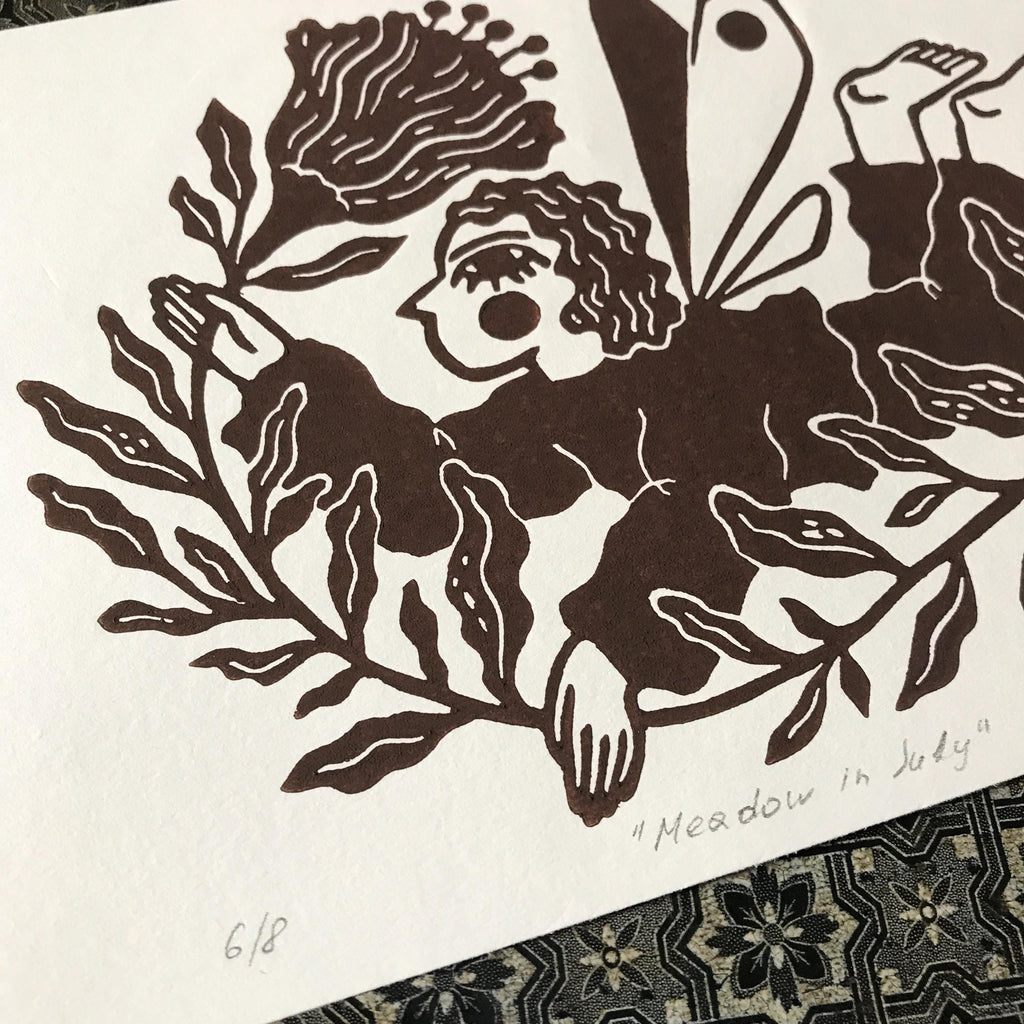 Limited edition hand-carved linocut print “Fairy with Flower”