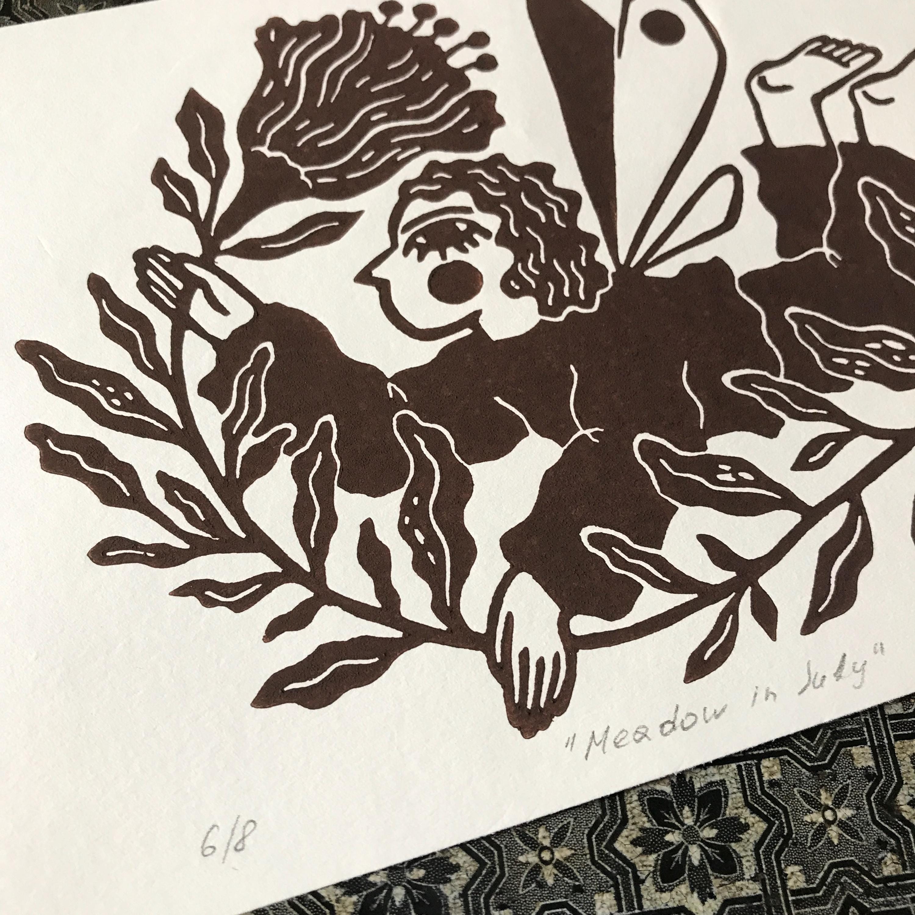 Limited edition hand-carved linocut print “Fairy with Flower”