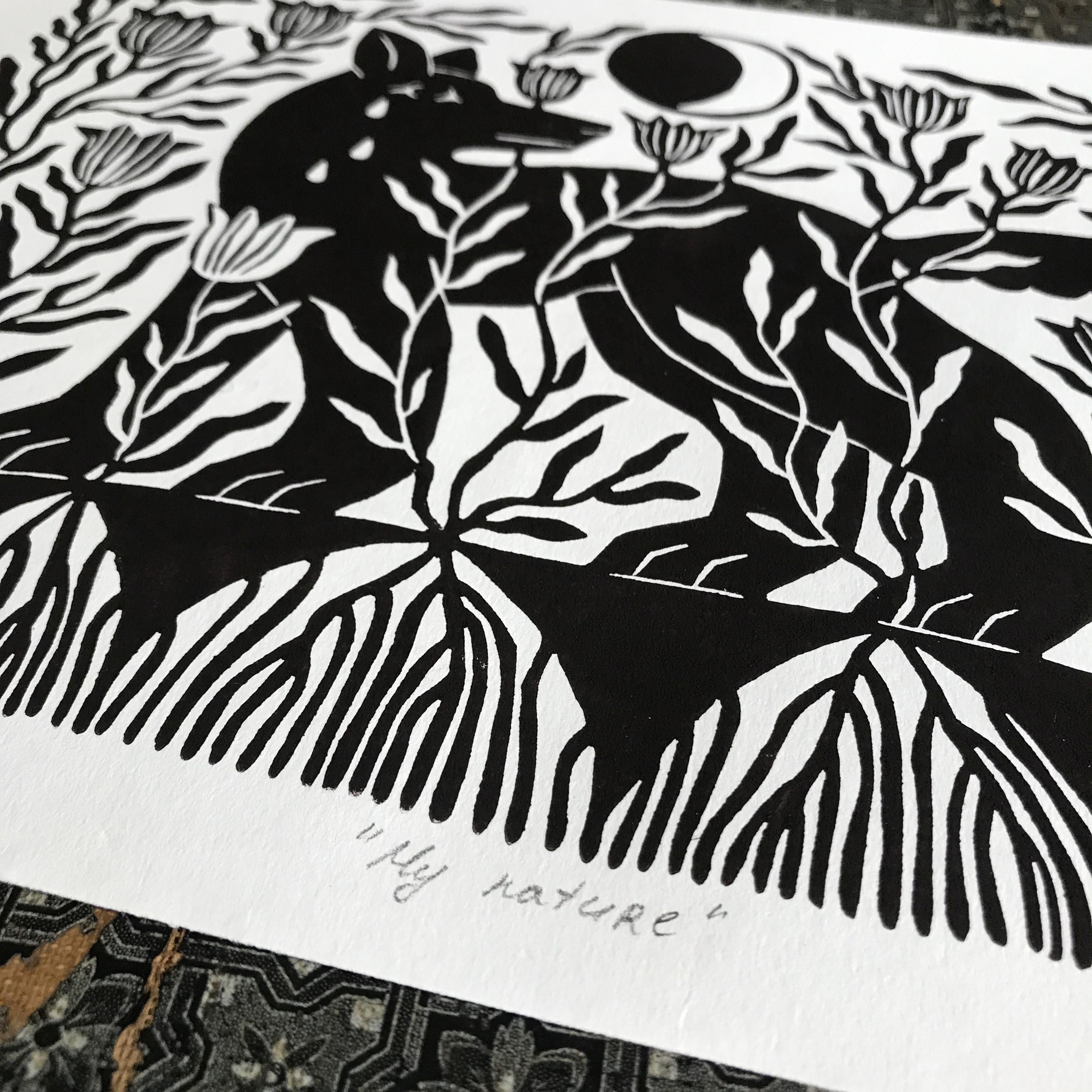 Original Linocut Print “Wolf and Moon”