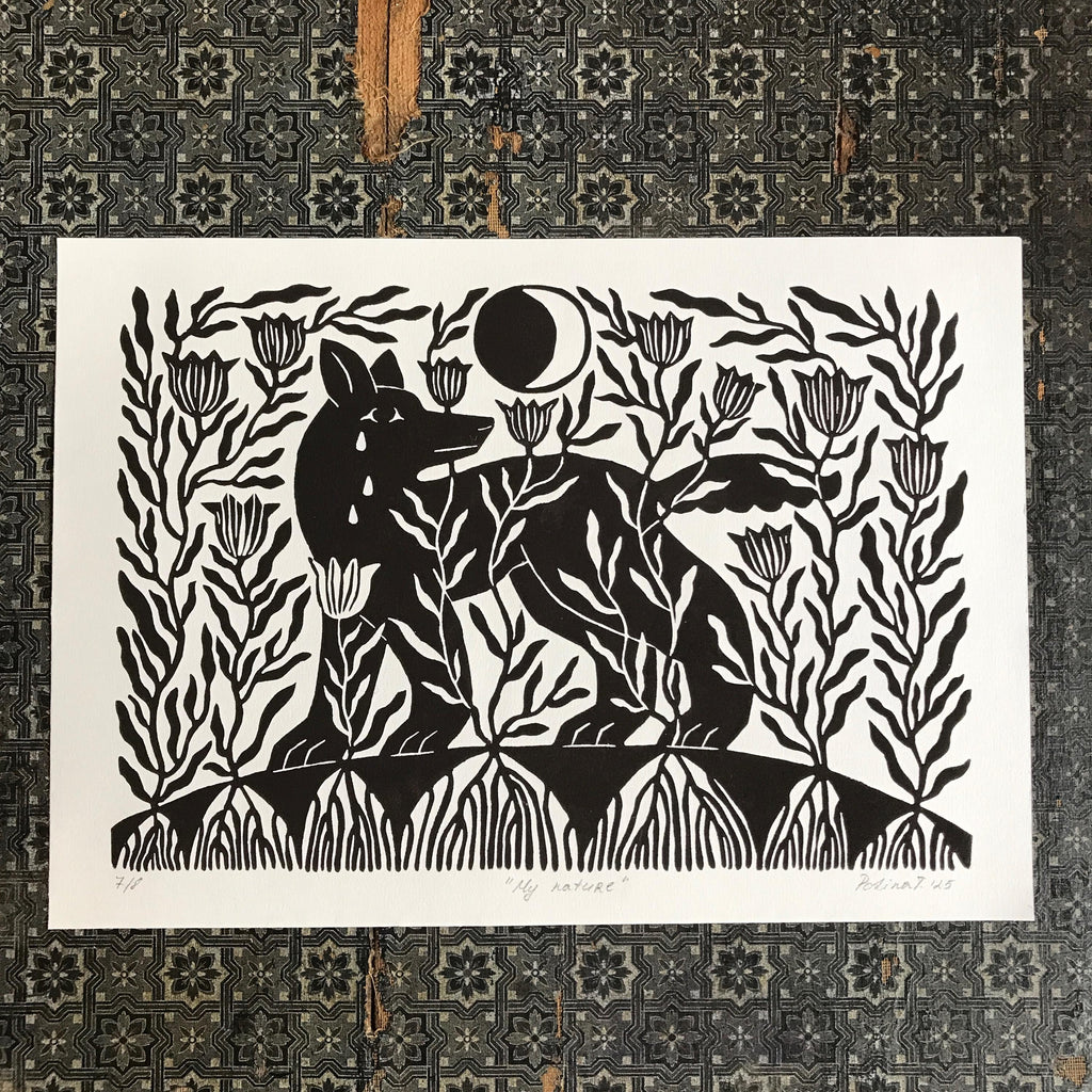 Original Linocut Print “Wolf and Moon”