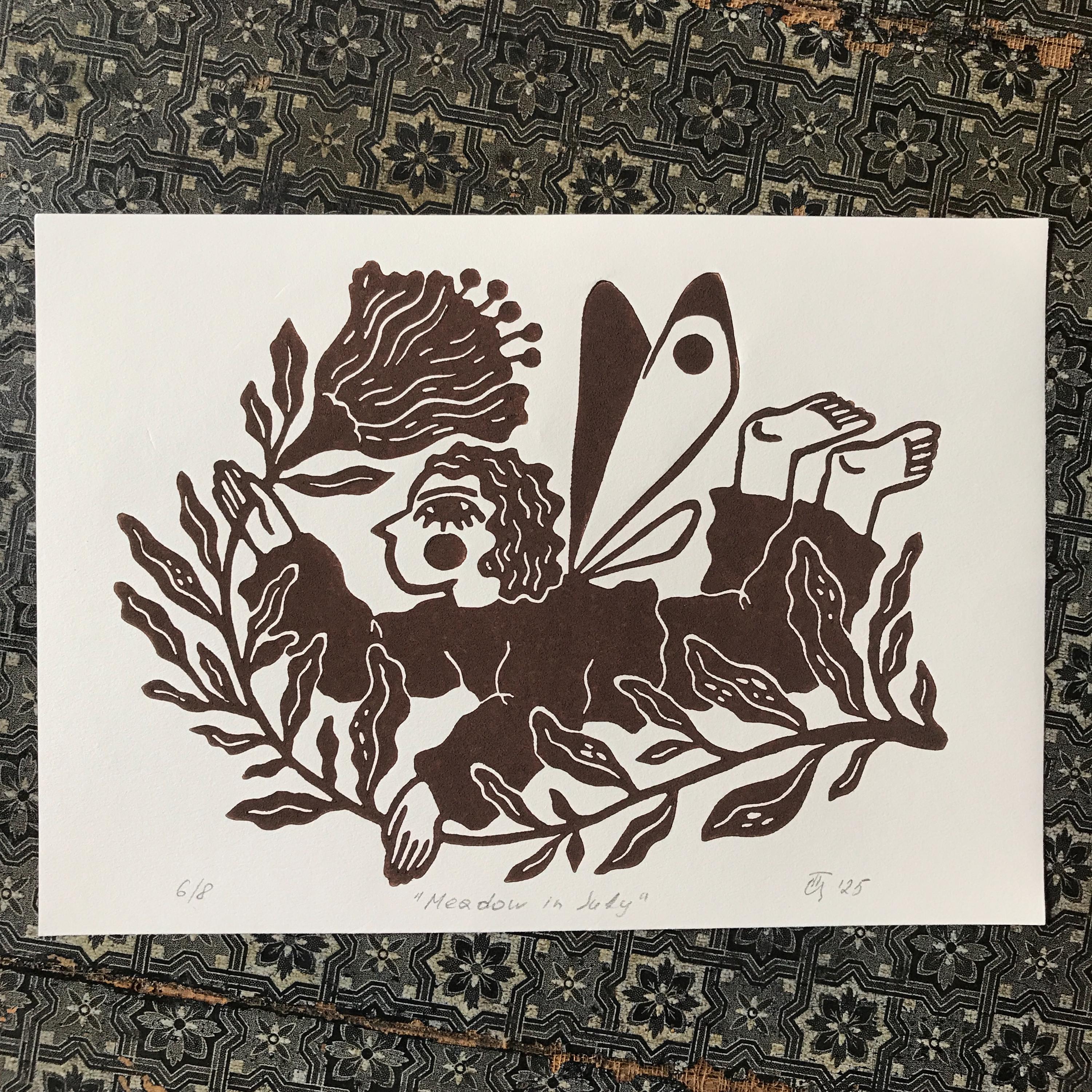 Limited edition hand-carved linocut print “Fairy with Flower”