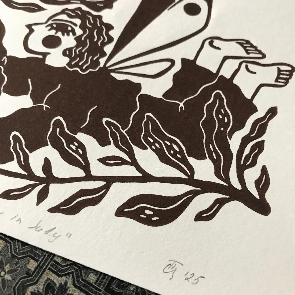 Limited edition hand-carved linocut print “Fairy with Flower”