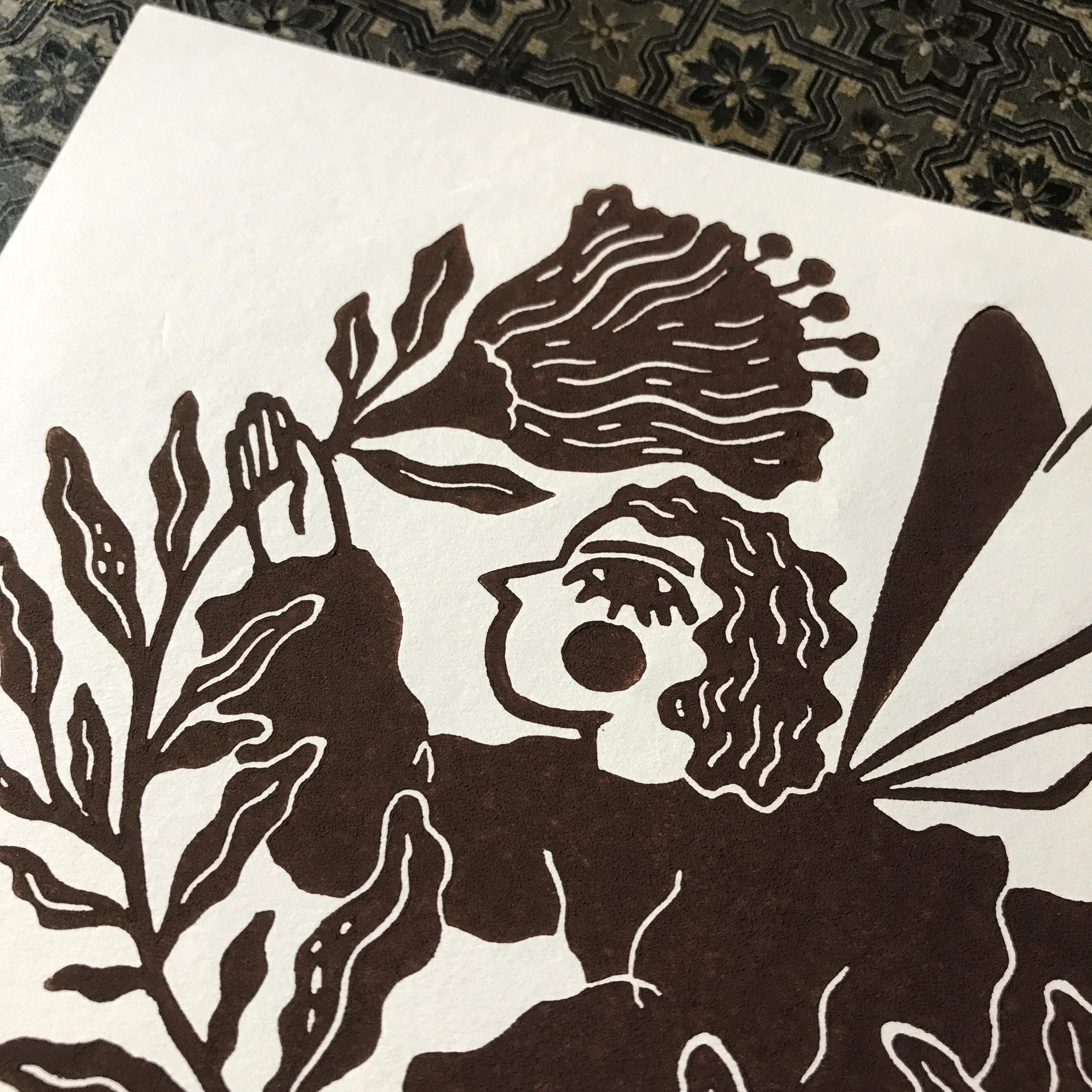 Limited edition hand-carved linocut print “Fairy with Flower”