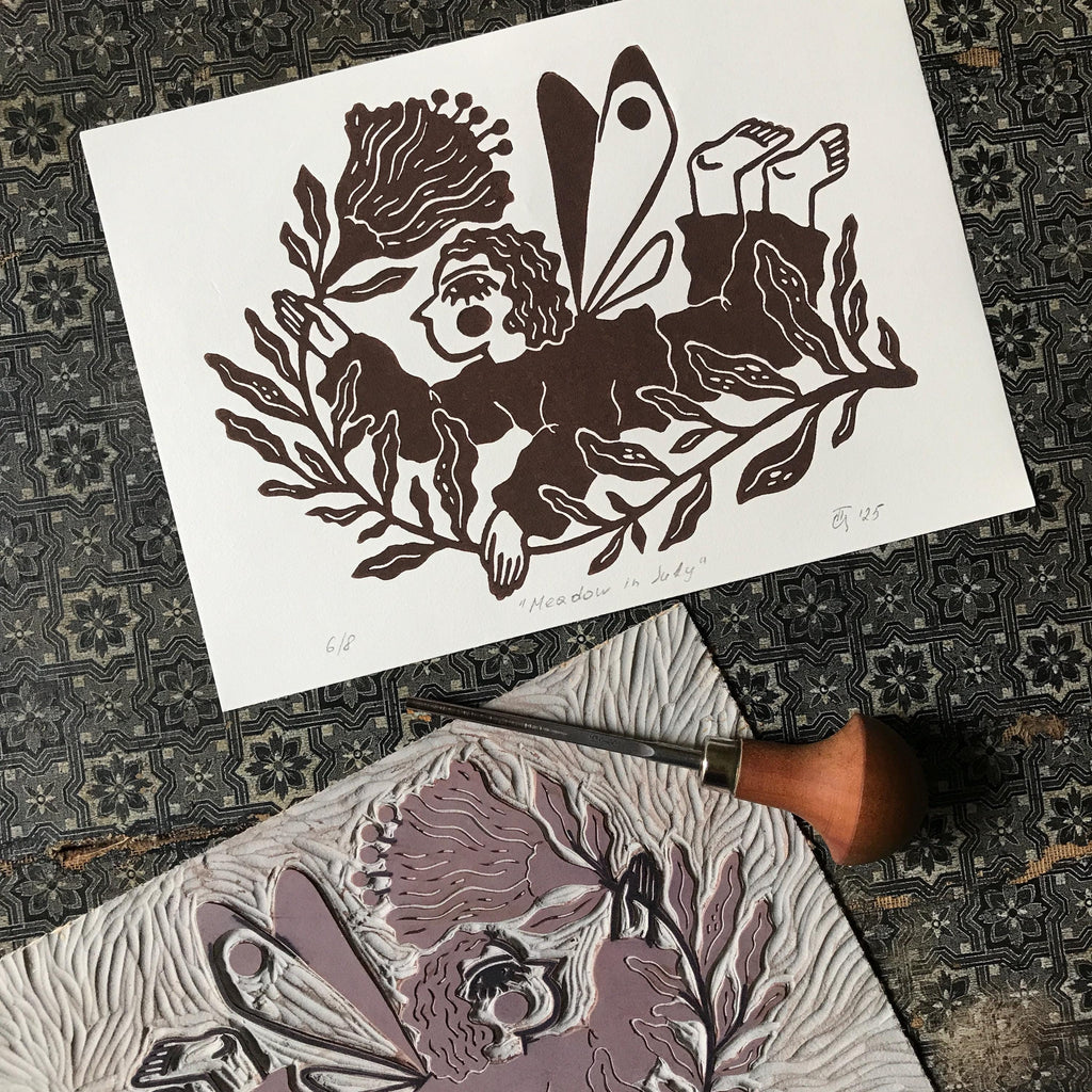 Limited edition hand-carved linocut print “Fairy with Flower”