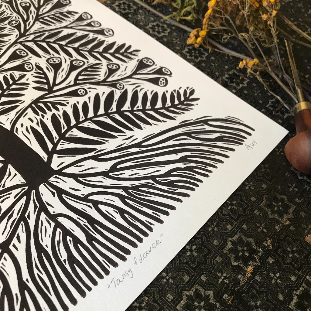 Limited edition hand-carved linocut print “Tansy Flower”