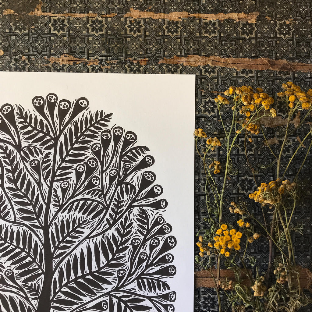 Limited edition hand-carved linocut print “Tansy Flower”