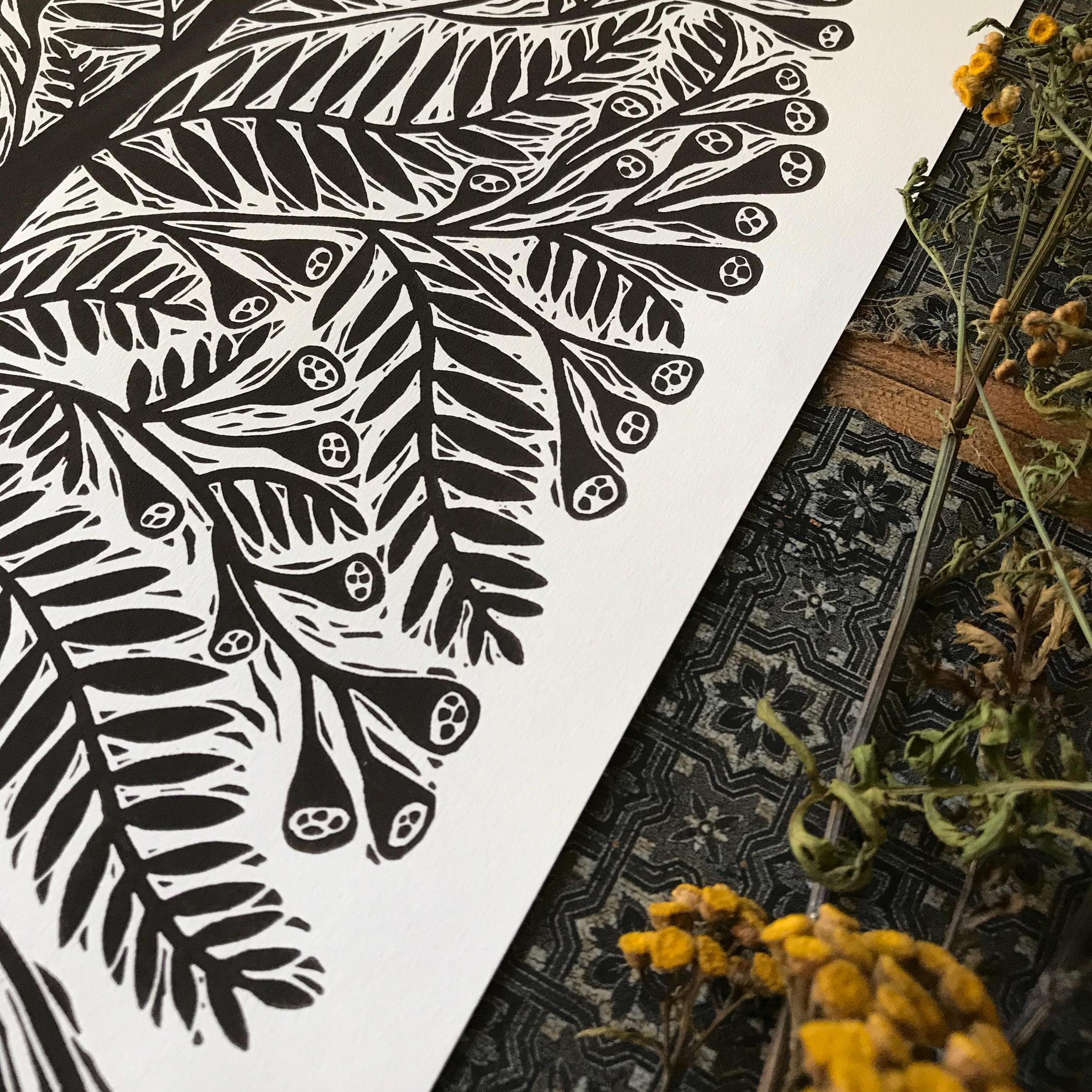 Limited edition hand-carved linocut print “Tansy Flower”