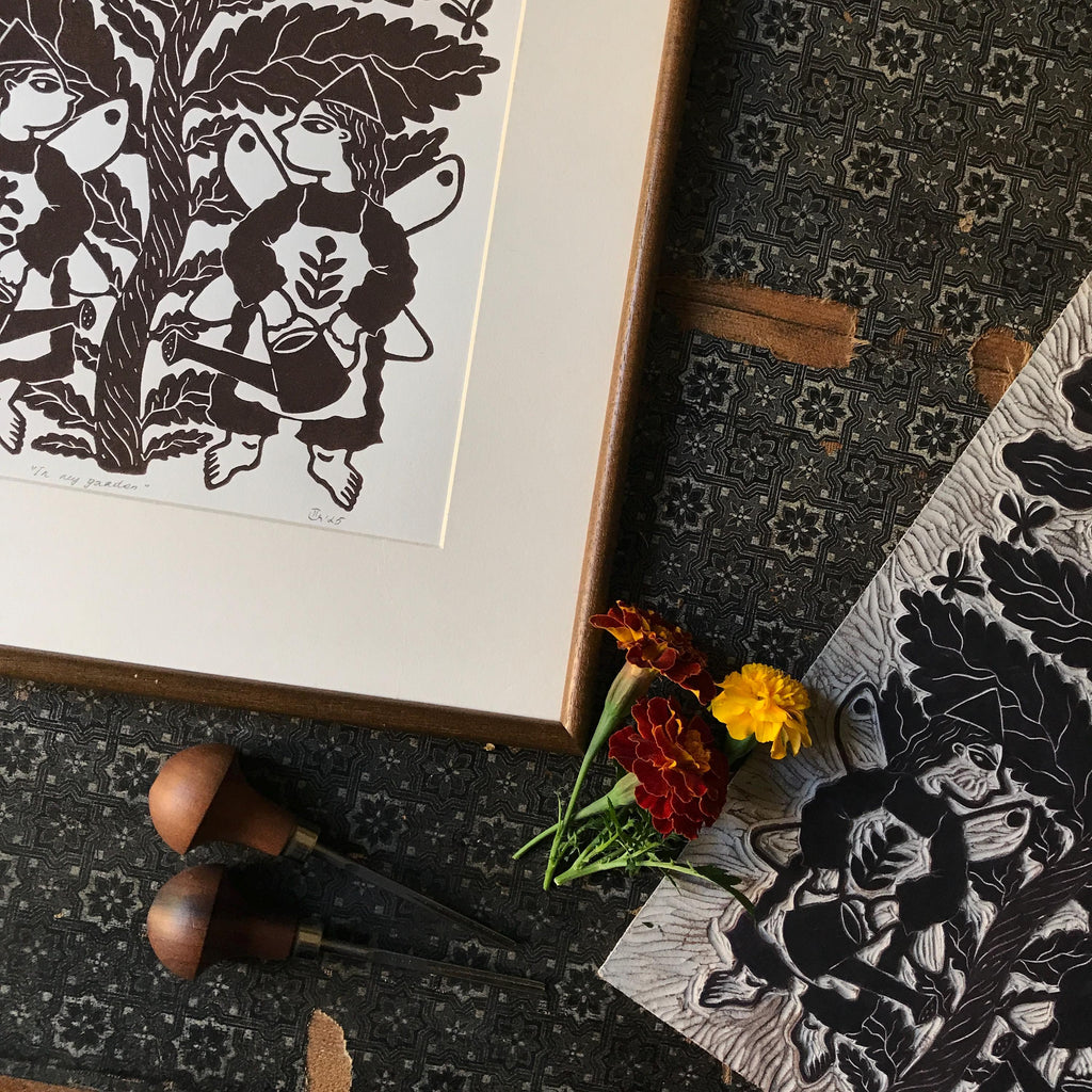 Original relief print “Fairies and Flower”