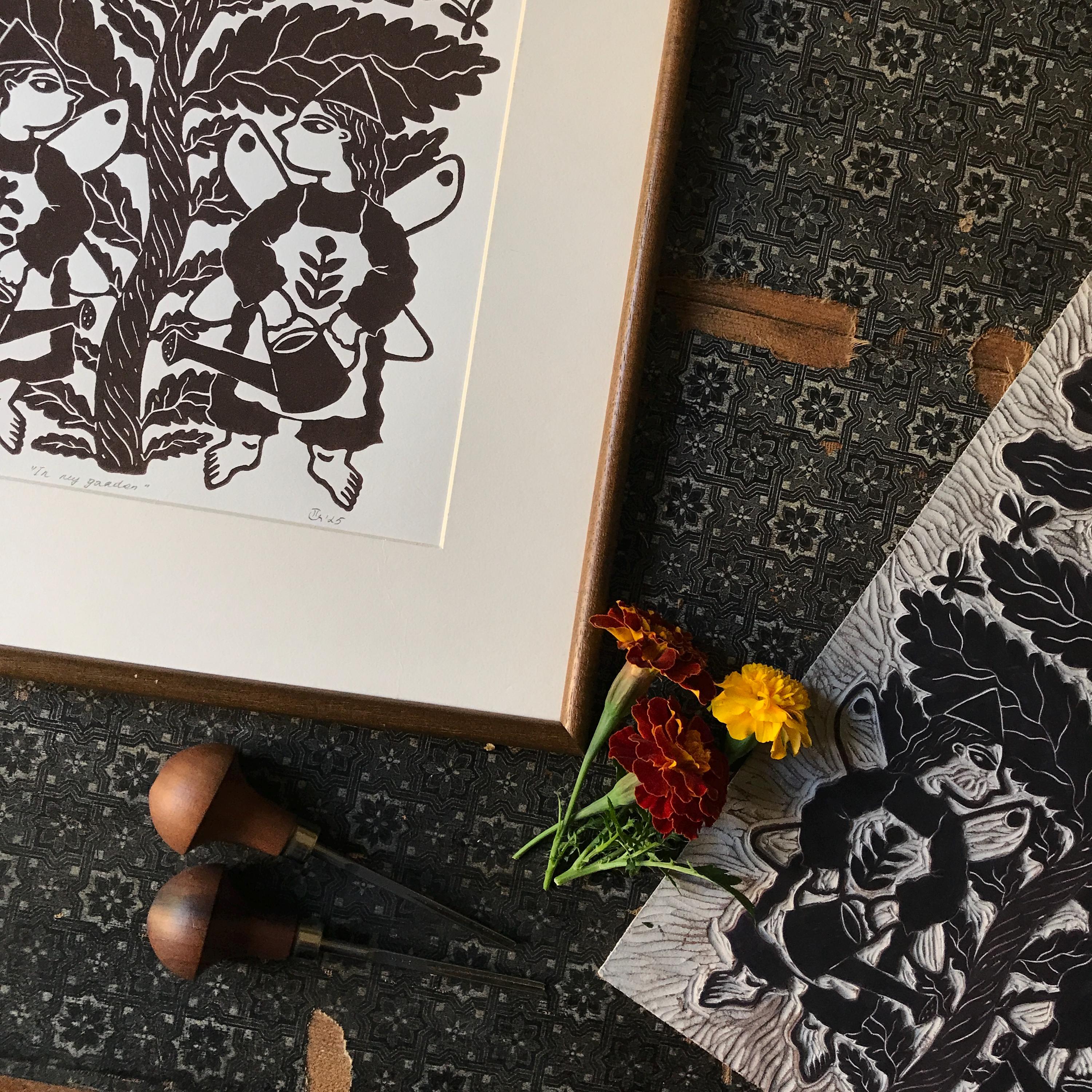 Original relief print “Fairies and Flower”