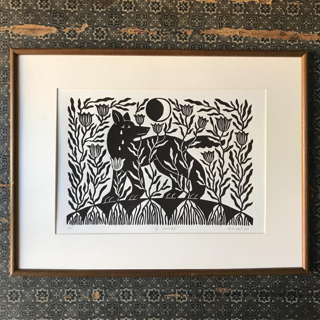 Original Linocut Print “Wolf and Moon”