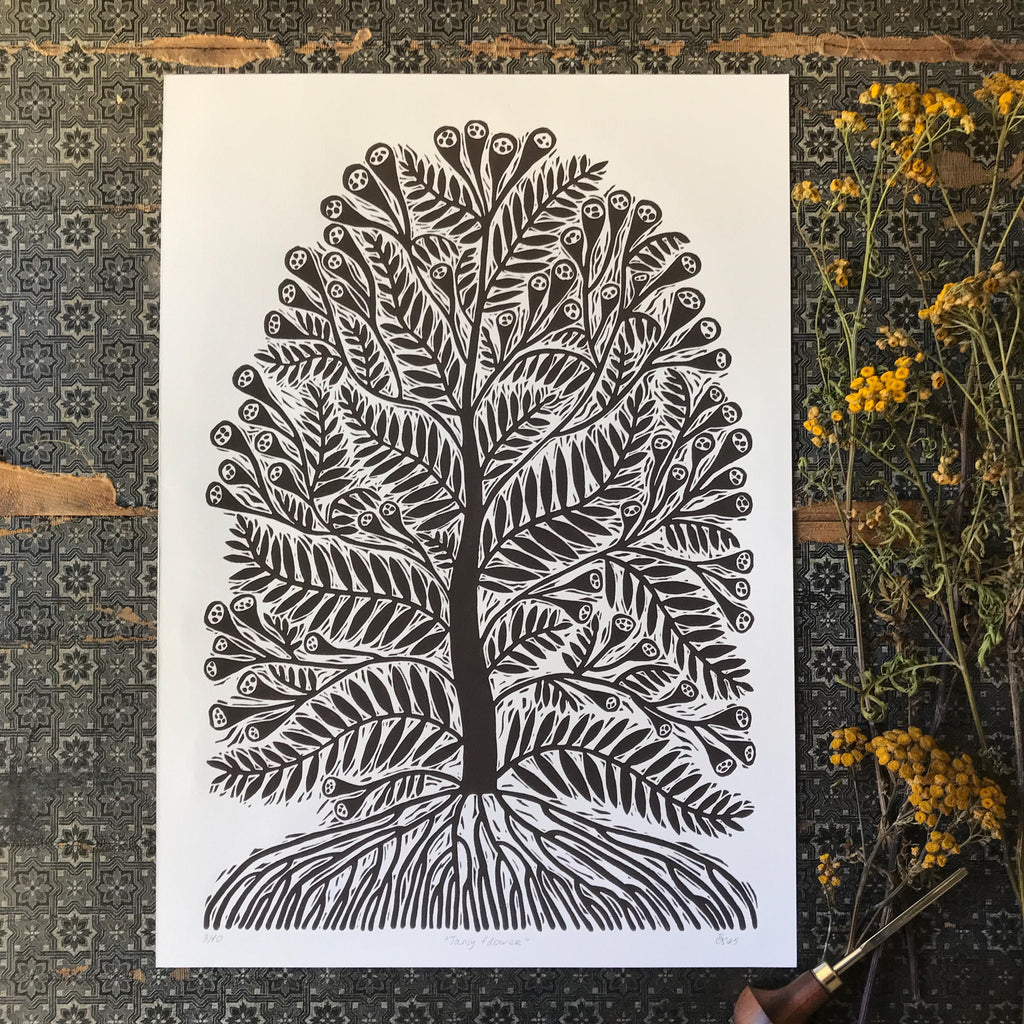 Limited edition hand-carved linocut print “Tansy Flower”