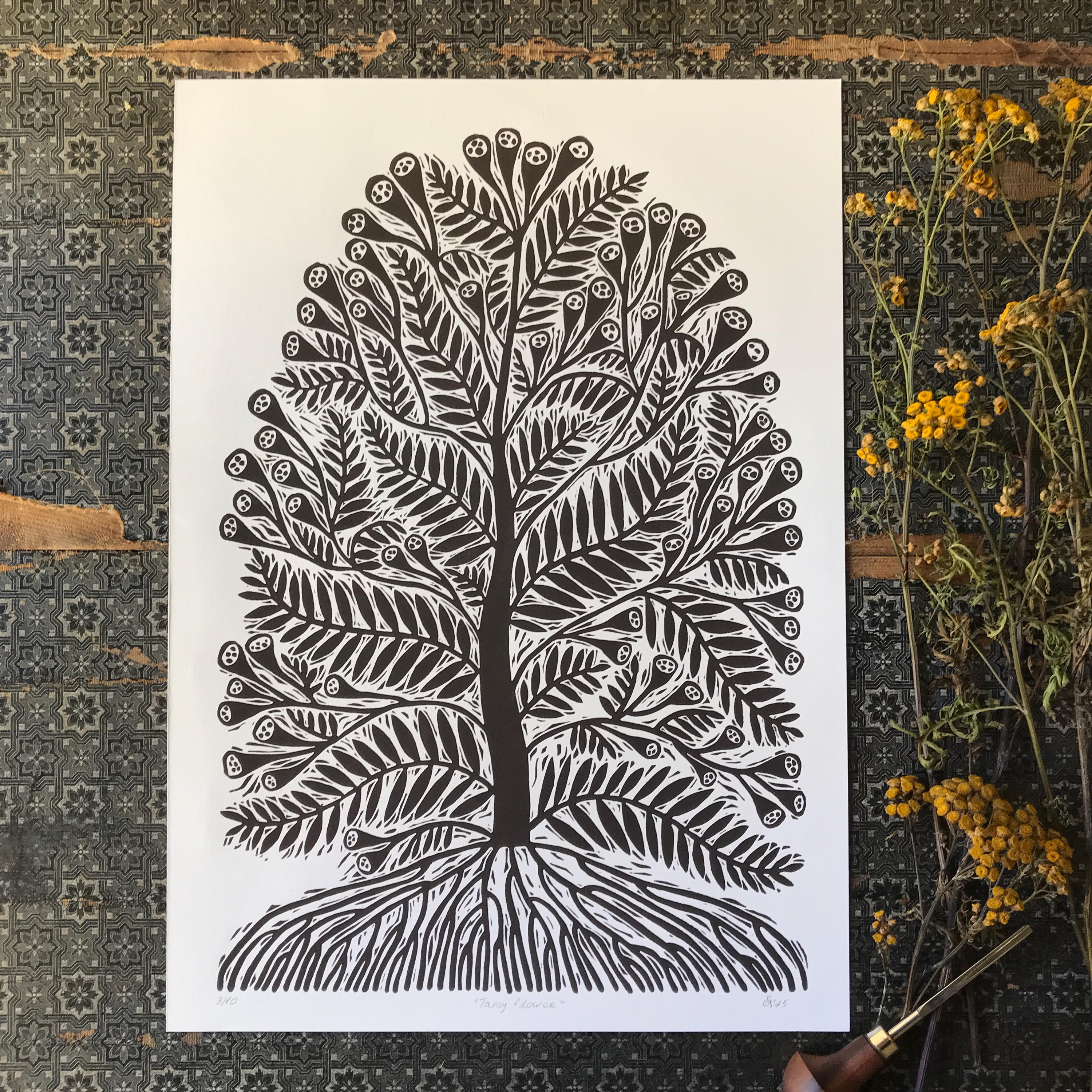 Limited edition hand-carved linocut print “Tansy Flower”