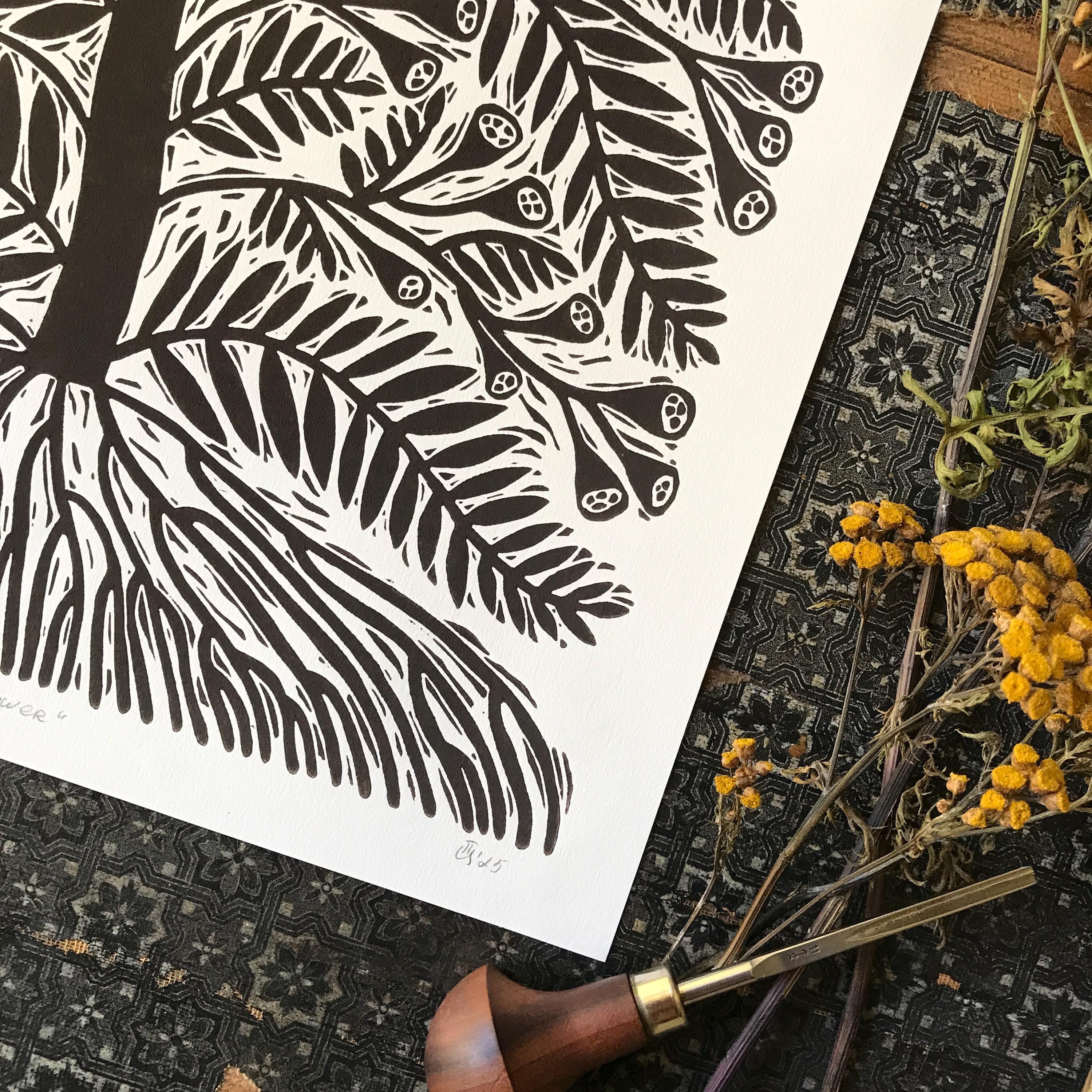 Limited edition hand-carved linocut print “Tansy Flower”