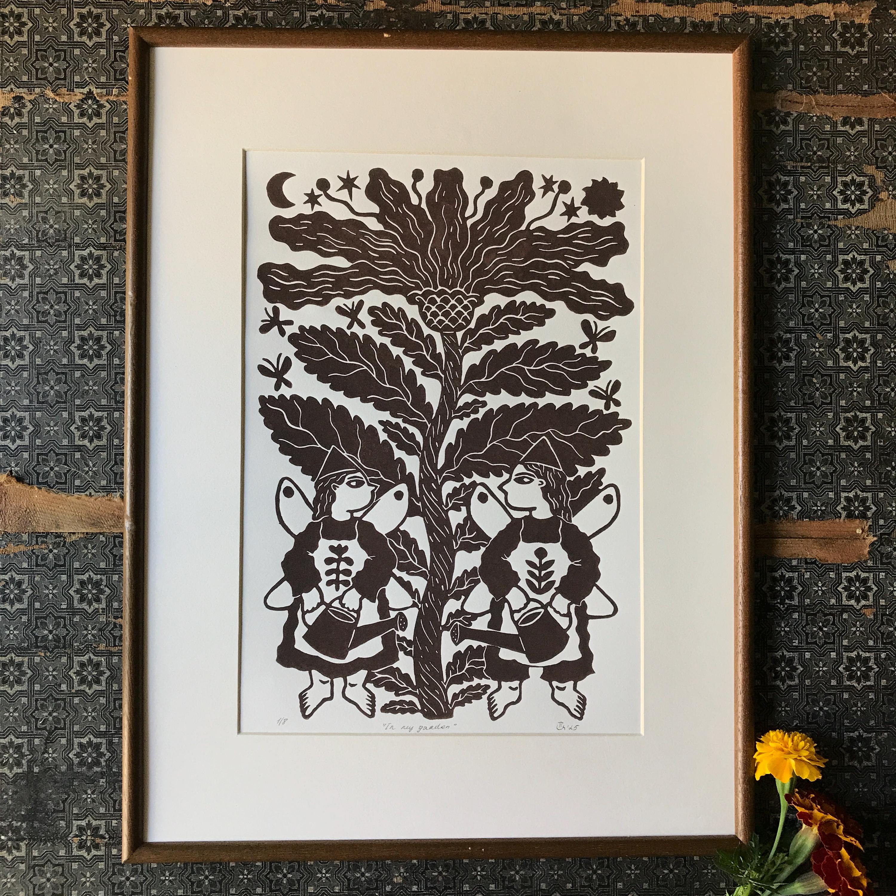 Original relief print “Fairies and Flower”