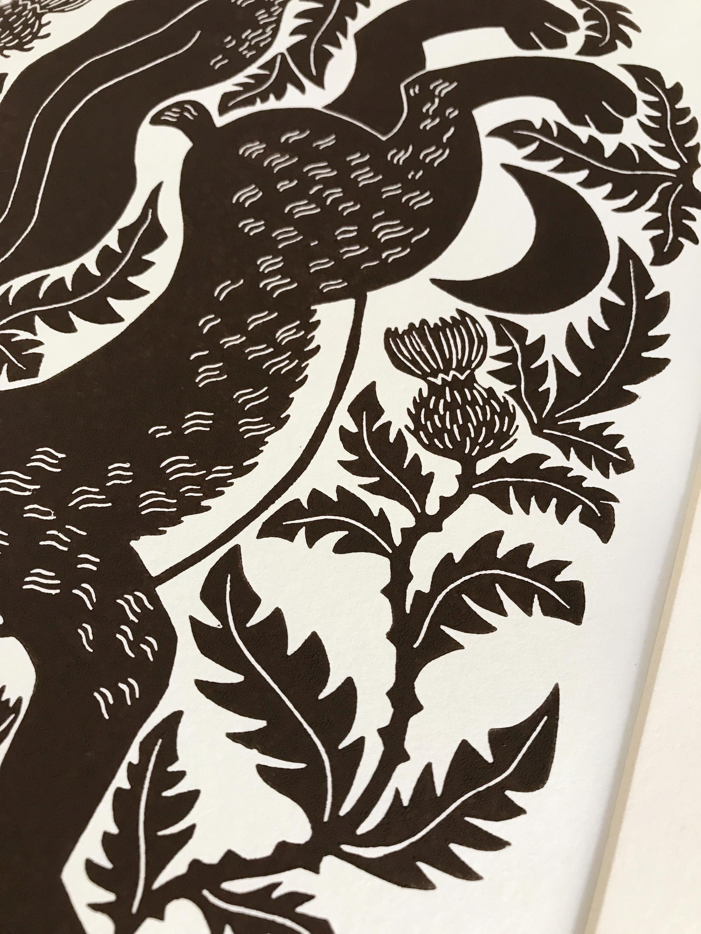 Original hand-printed linocut “Hare and Thistle”
