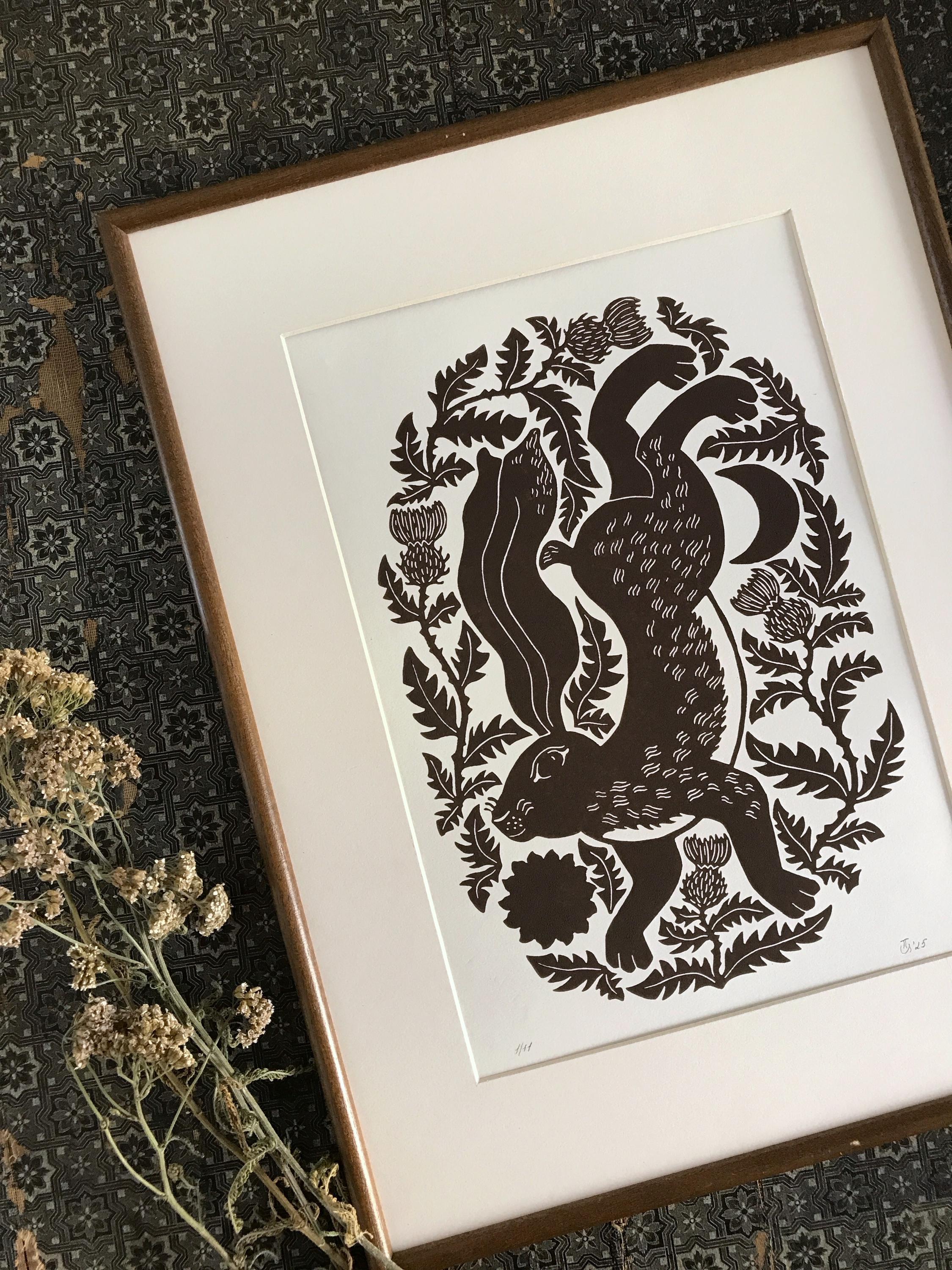 Original hand-printed linocut “Hare and Thistle”