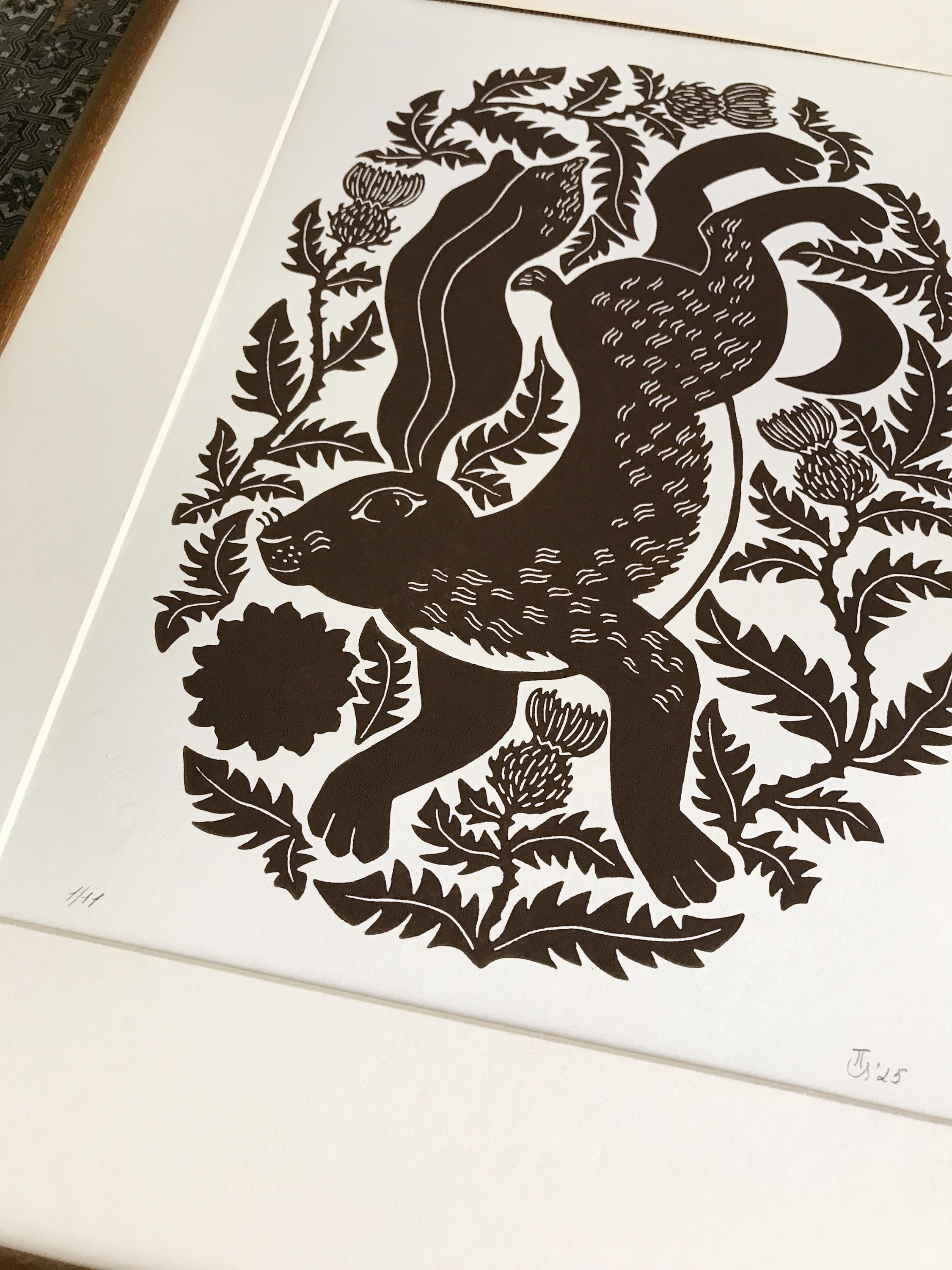 Original hand-printed linocut “Hare and Thistle”