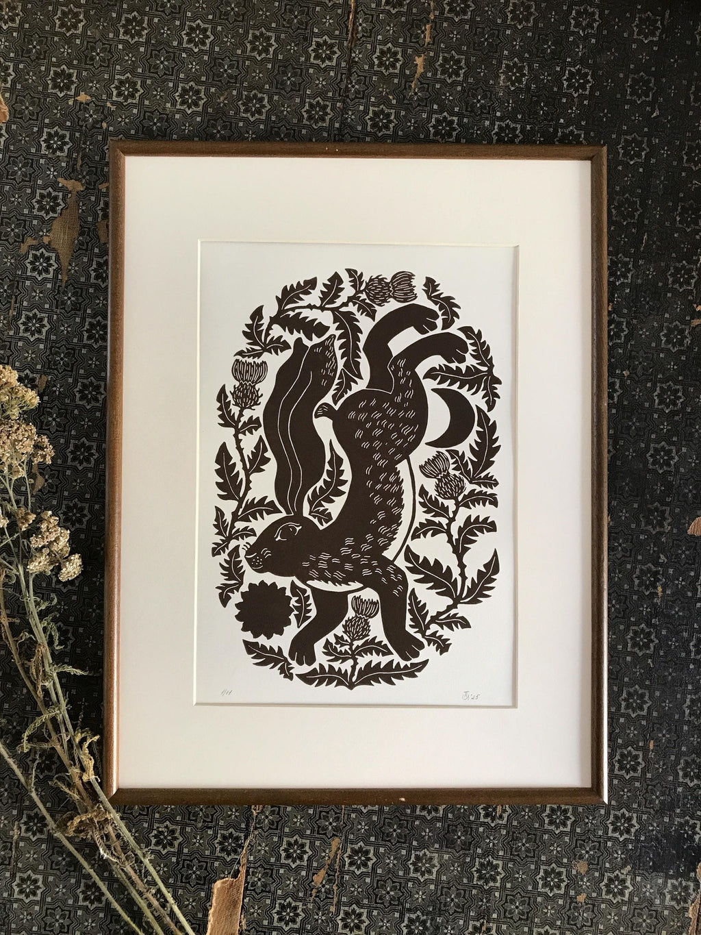Original hand-printed linocut “Hare and Thistle”