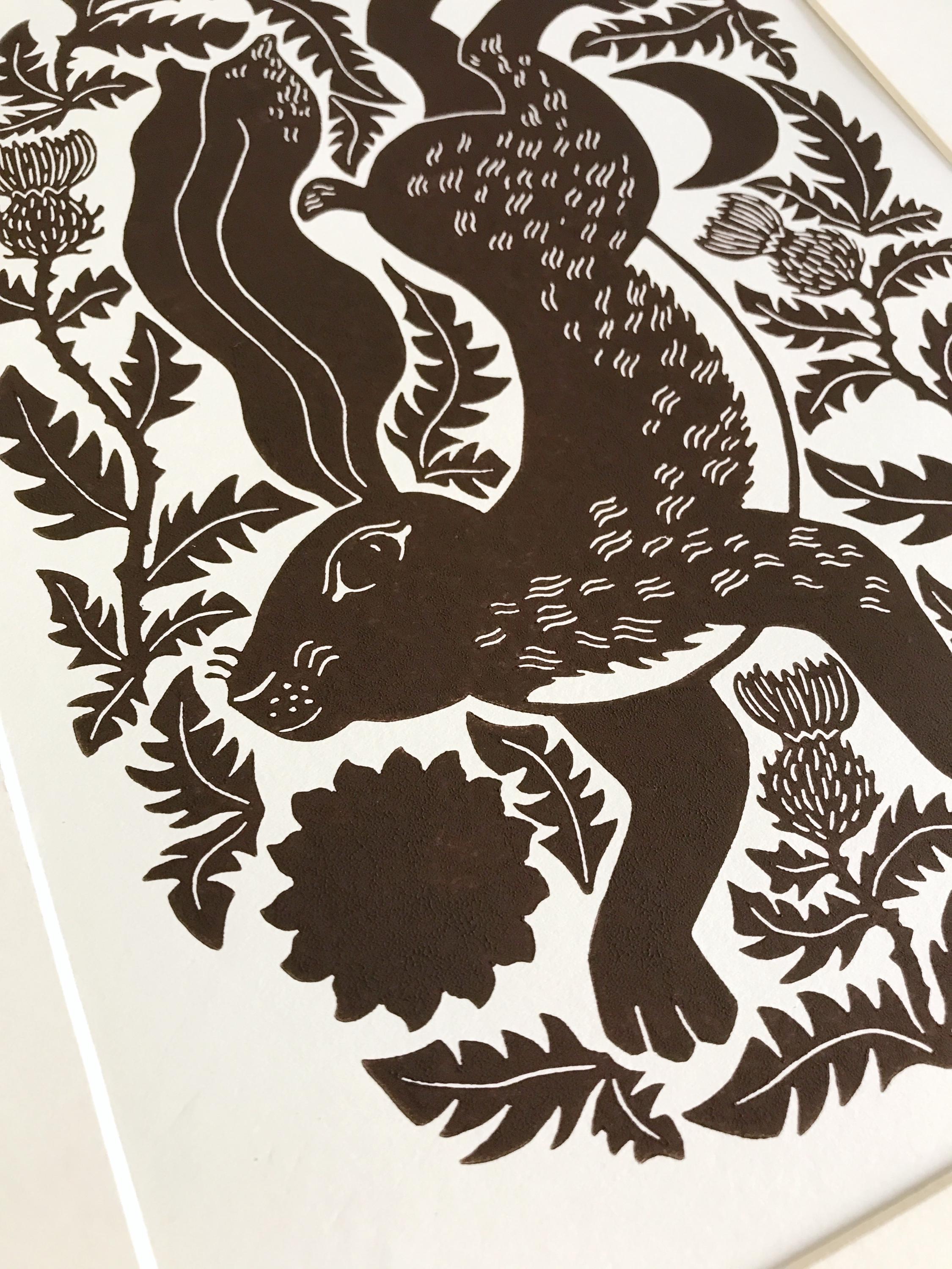 Original hand-printed linocut “Hare and Thistle”