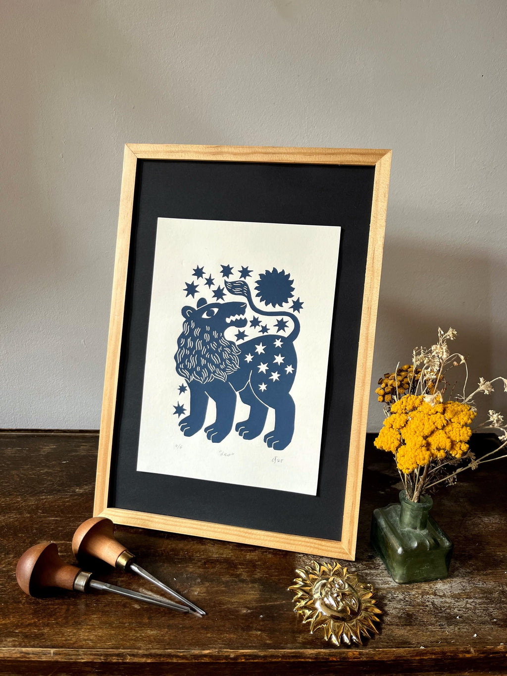 Hand carved original linocut print “Zodiac Sign. Leo”