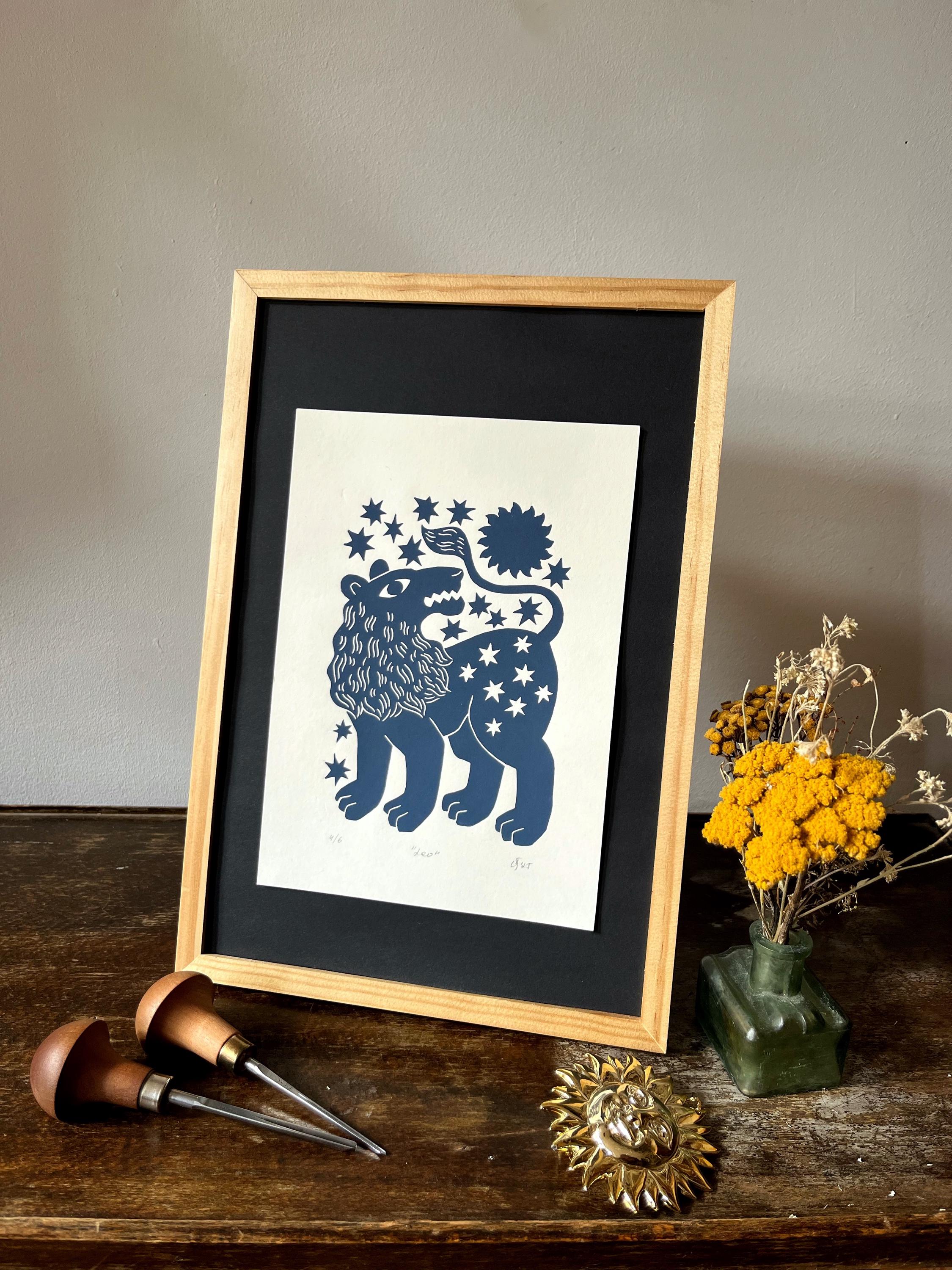 Hand carved original linocut print “Zodiac Sign. Leo”