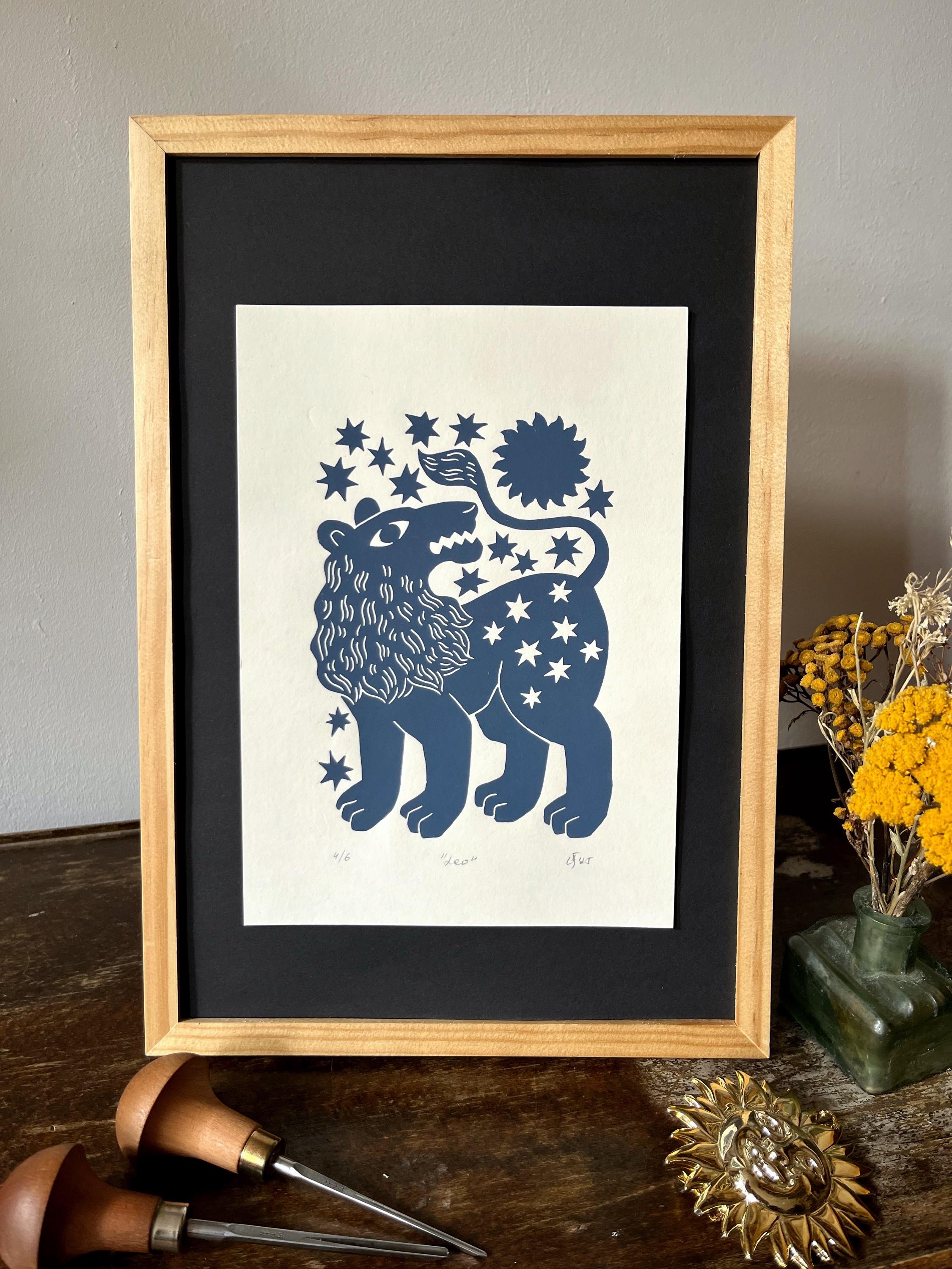 Hand carved original linocut print “Zodiac Sign. Leo”