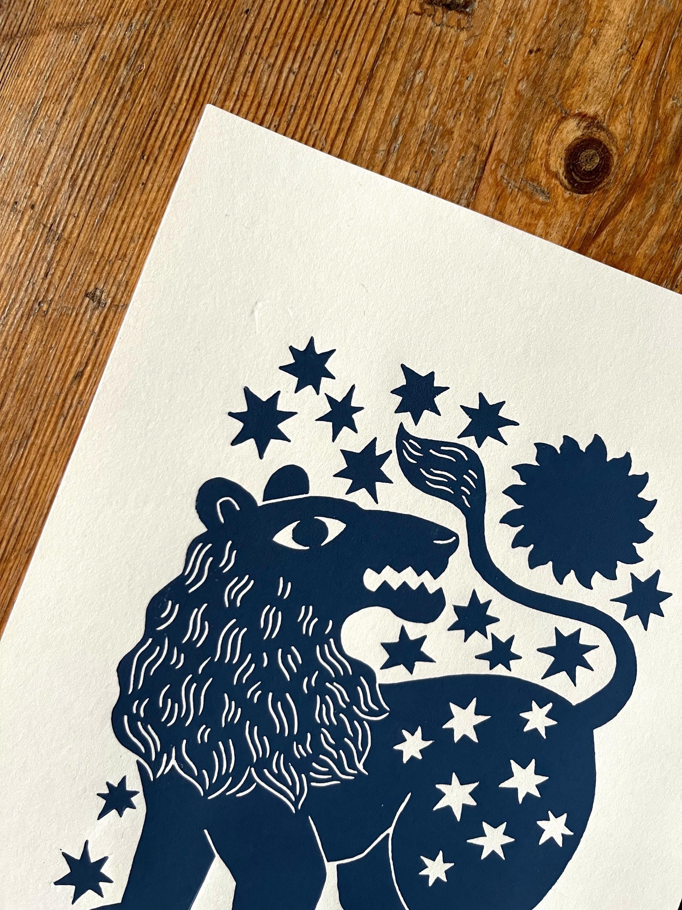 Hand carved original linocut print “Zodiac Sign. Leo”