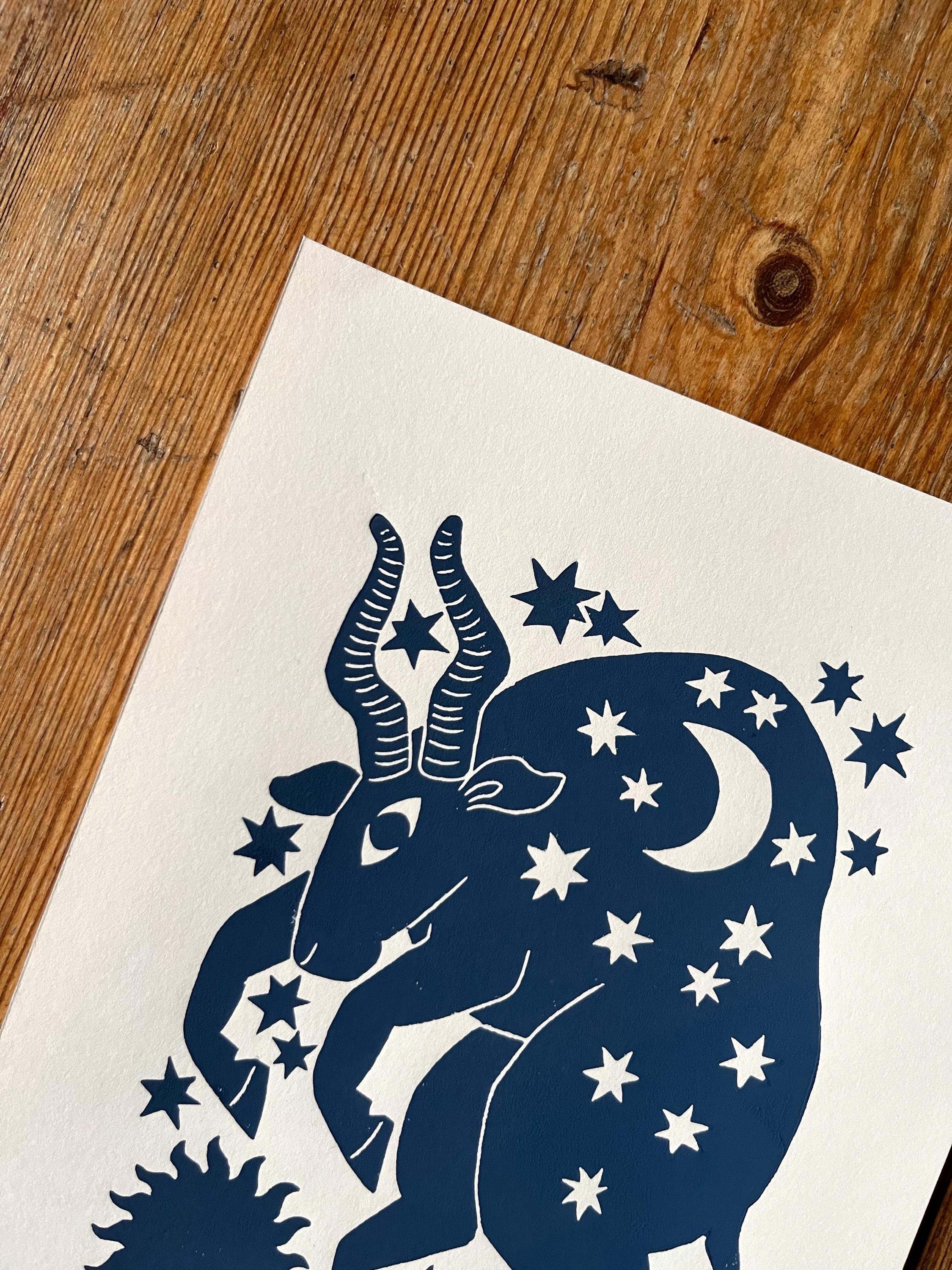 Hand carved original linocut print “Zodiac Sign. Taurus”