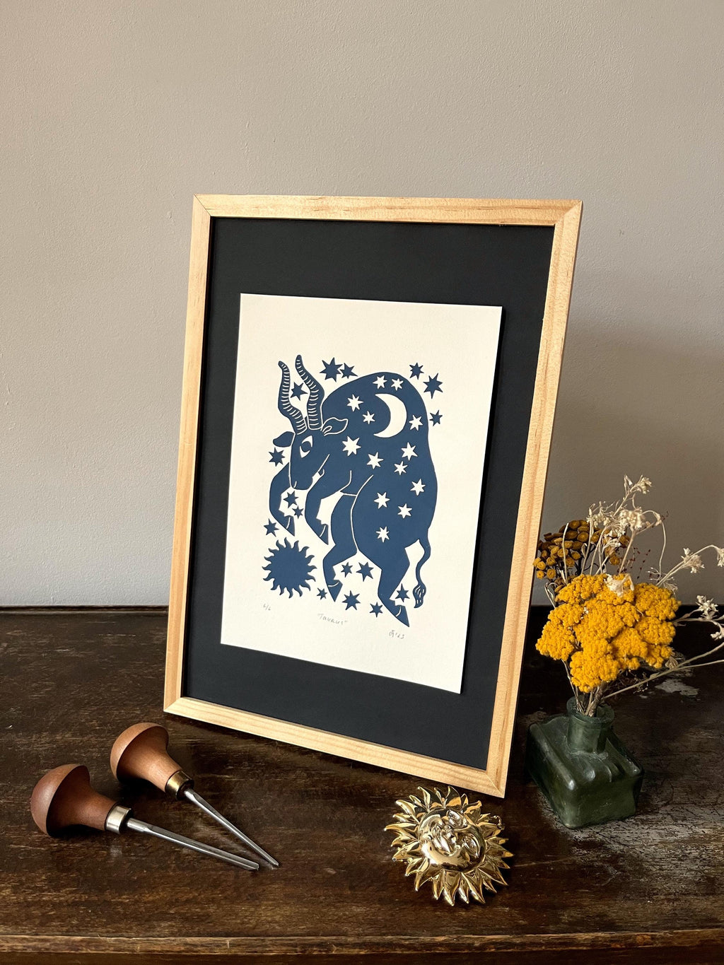 Hand carved original linocut print “Zodiac Sign. Taurus”