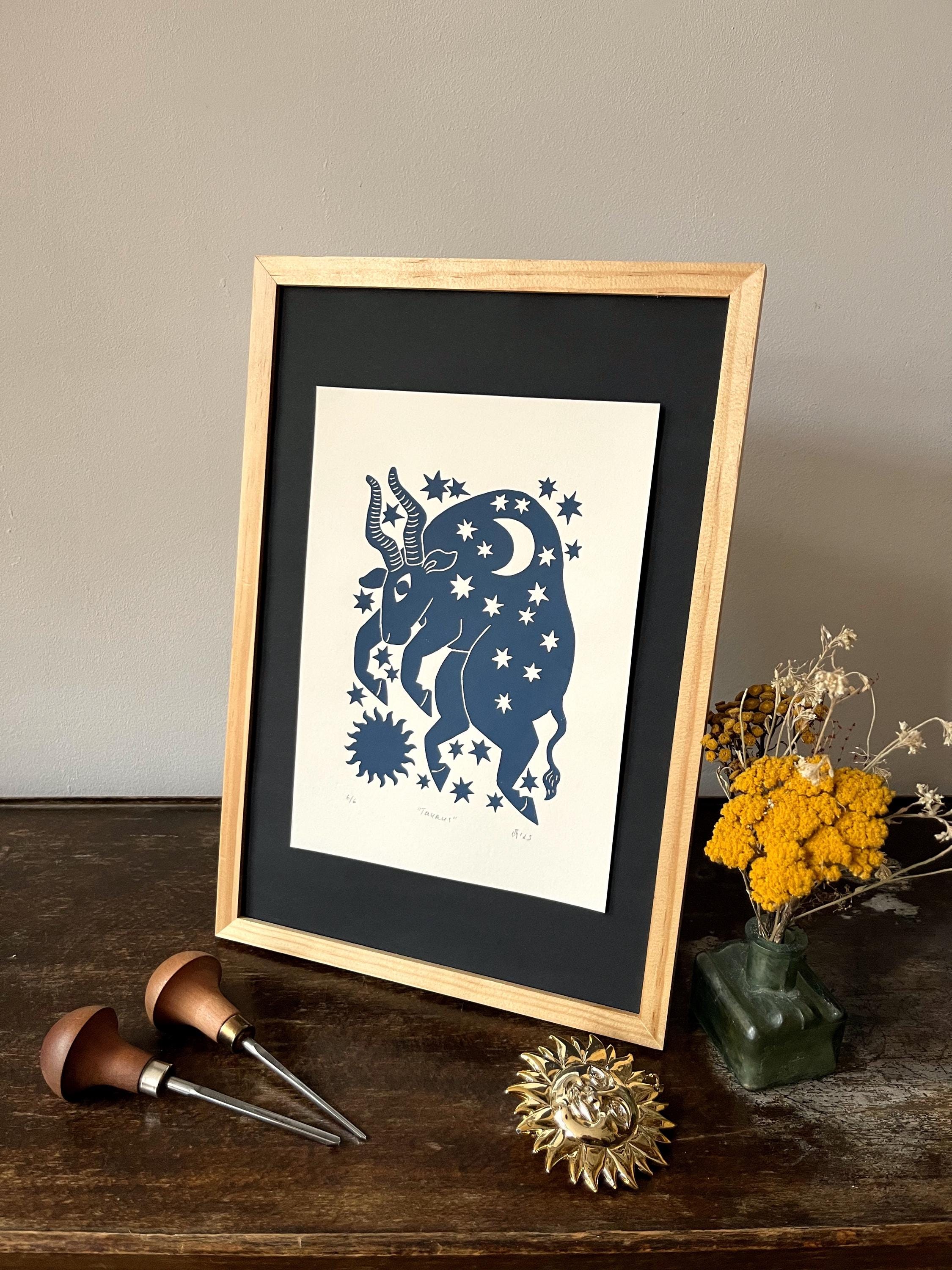 Hand carved original linocut print “Zodiac Sign. Taurus”