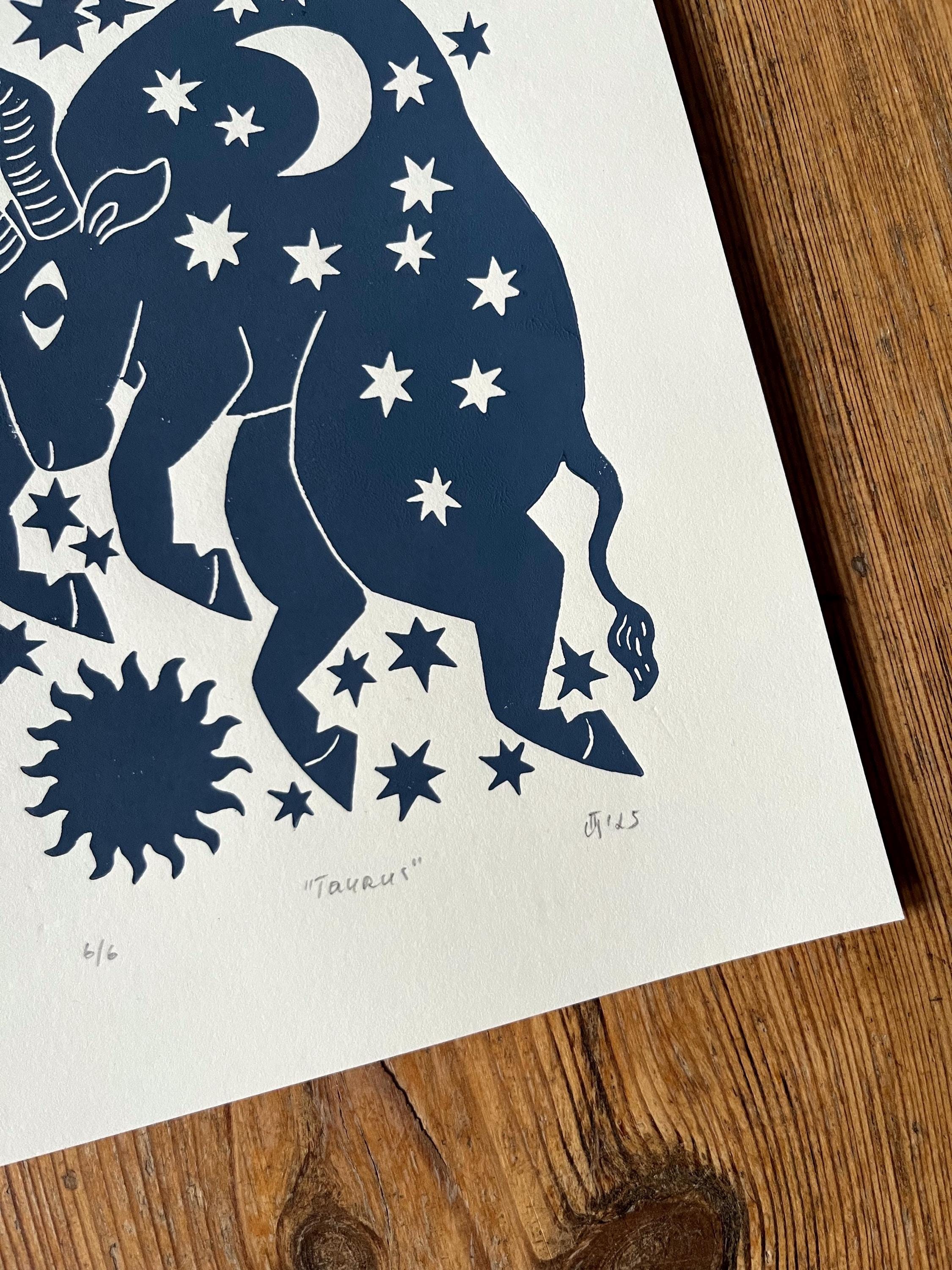Hand carved original linocut print “Zodiac Sign. Taurus”