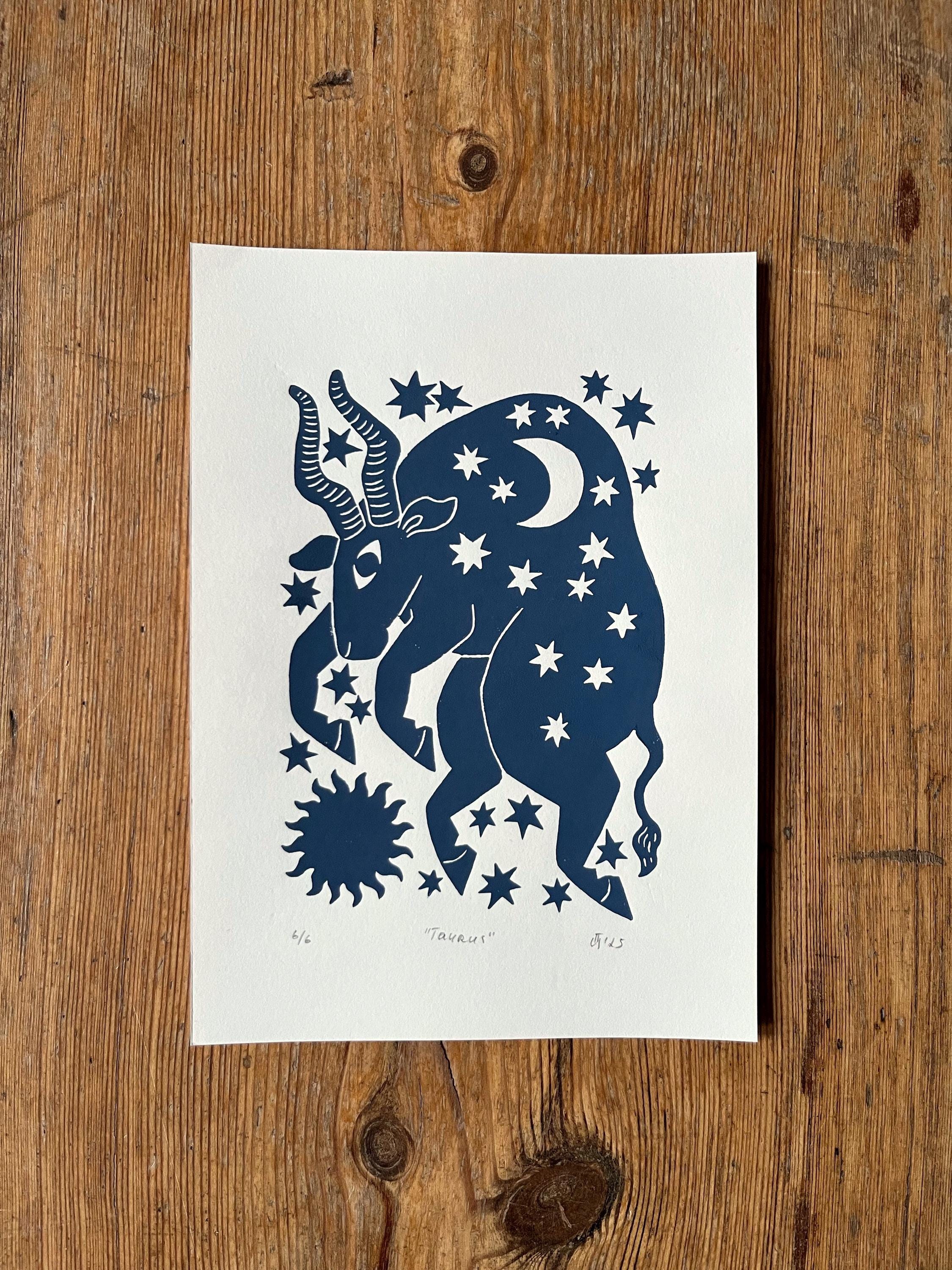 Hand carved original linocut print “Zodiac Sign. Taurus”